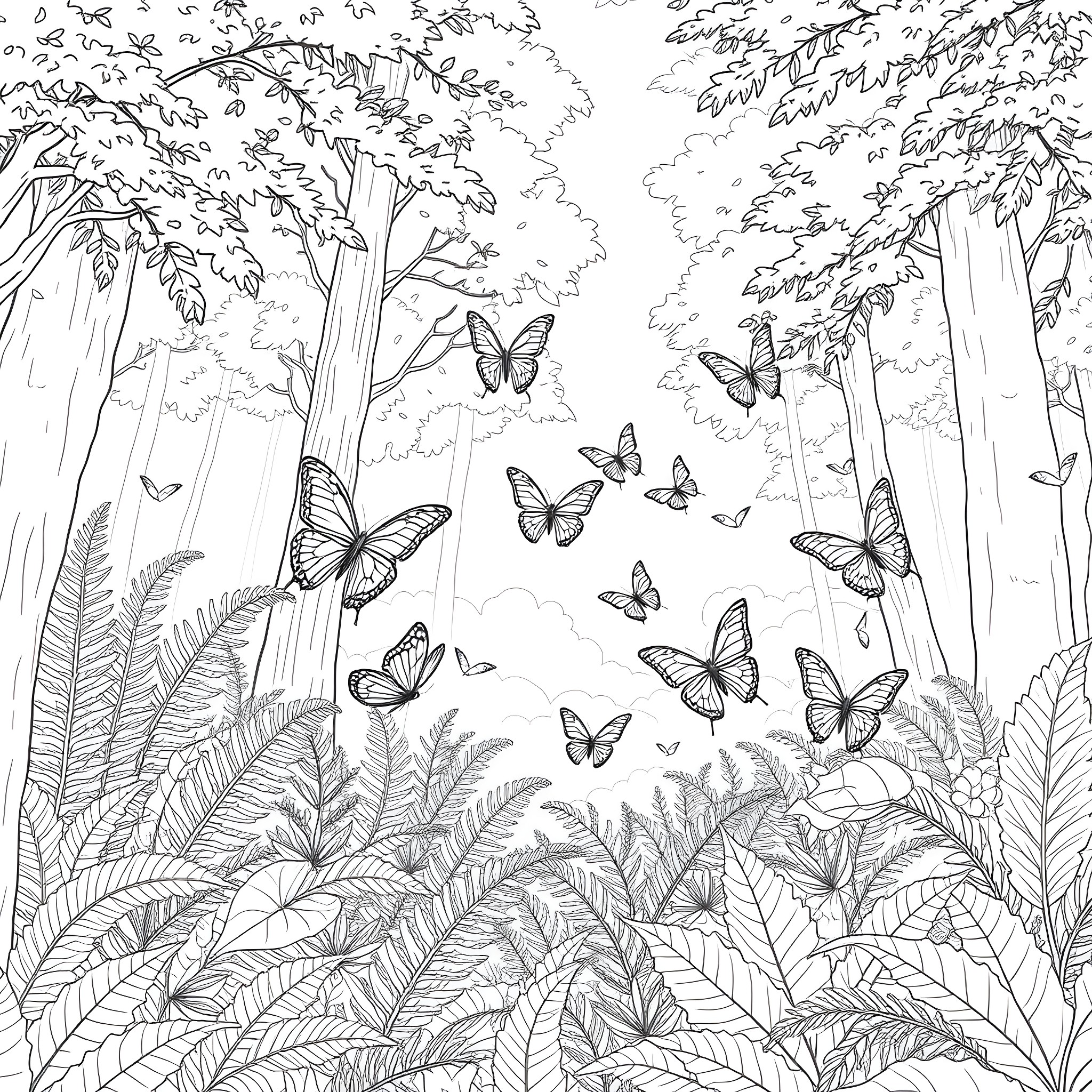 Butterfly-filled Enchanted Forest Scenery Coloring Page (free black-and-white line drawing printable PDF for all, from beginners to advanced learners, including children, teens, adults, and seniors)