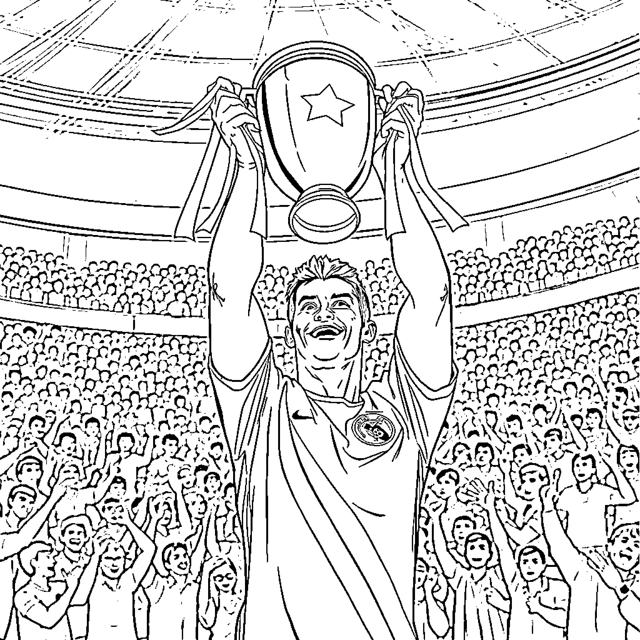 Trophy Celebration of a Victorious Player Coloring Page (free black-and-white line drawing printable PDF for all, from beginners to advanced learners, including children, teens, adults, and seniors)