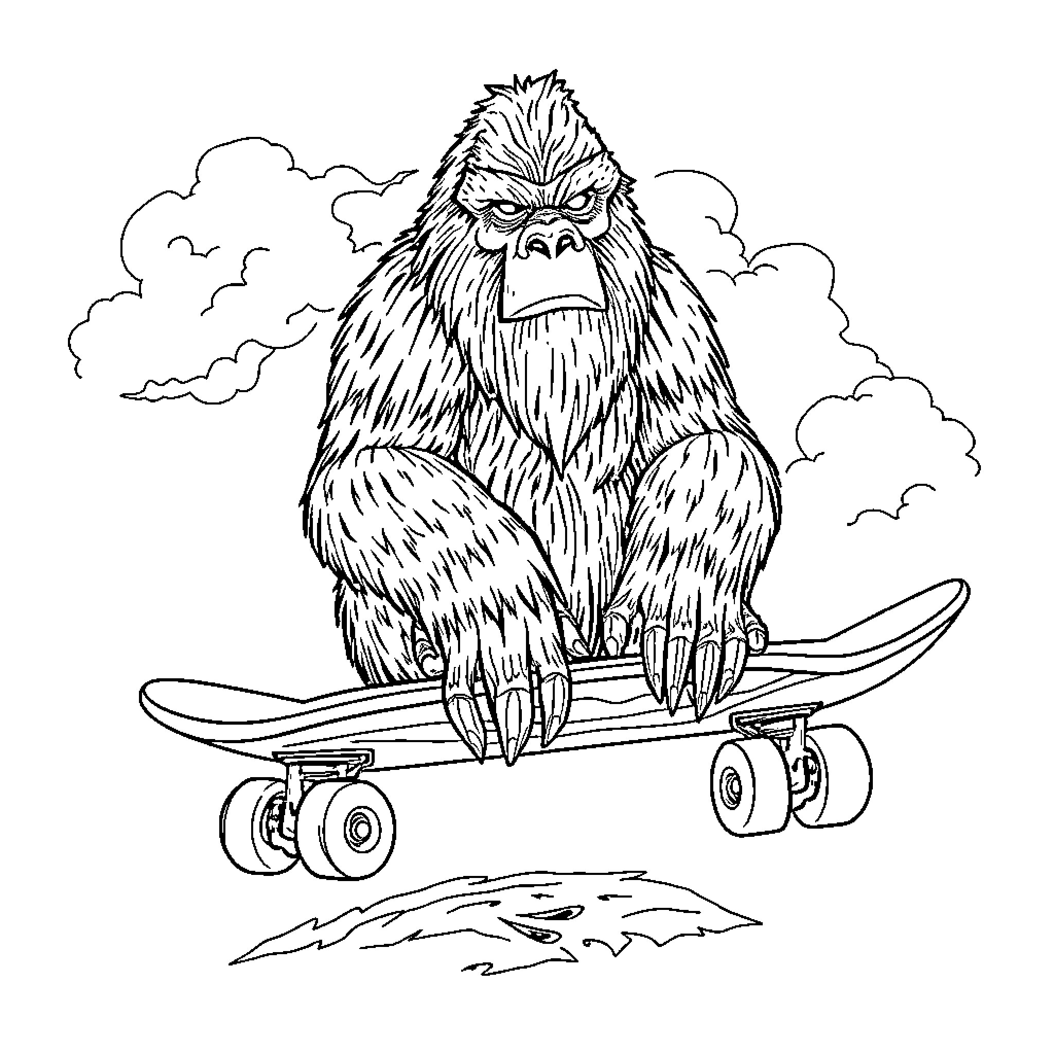 Sasquatch surfing on a skateboard Coloring Page (free black-and-white line drawing printable PDF for all, from beginners to advanced learners, including children, teens, adults, and seniors)