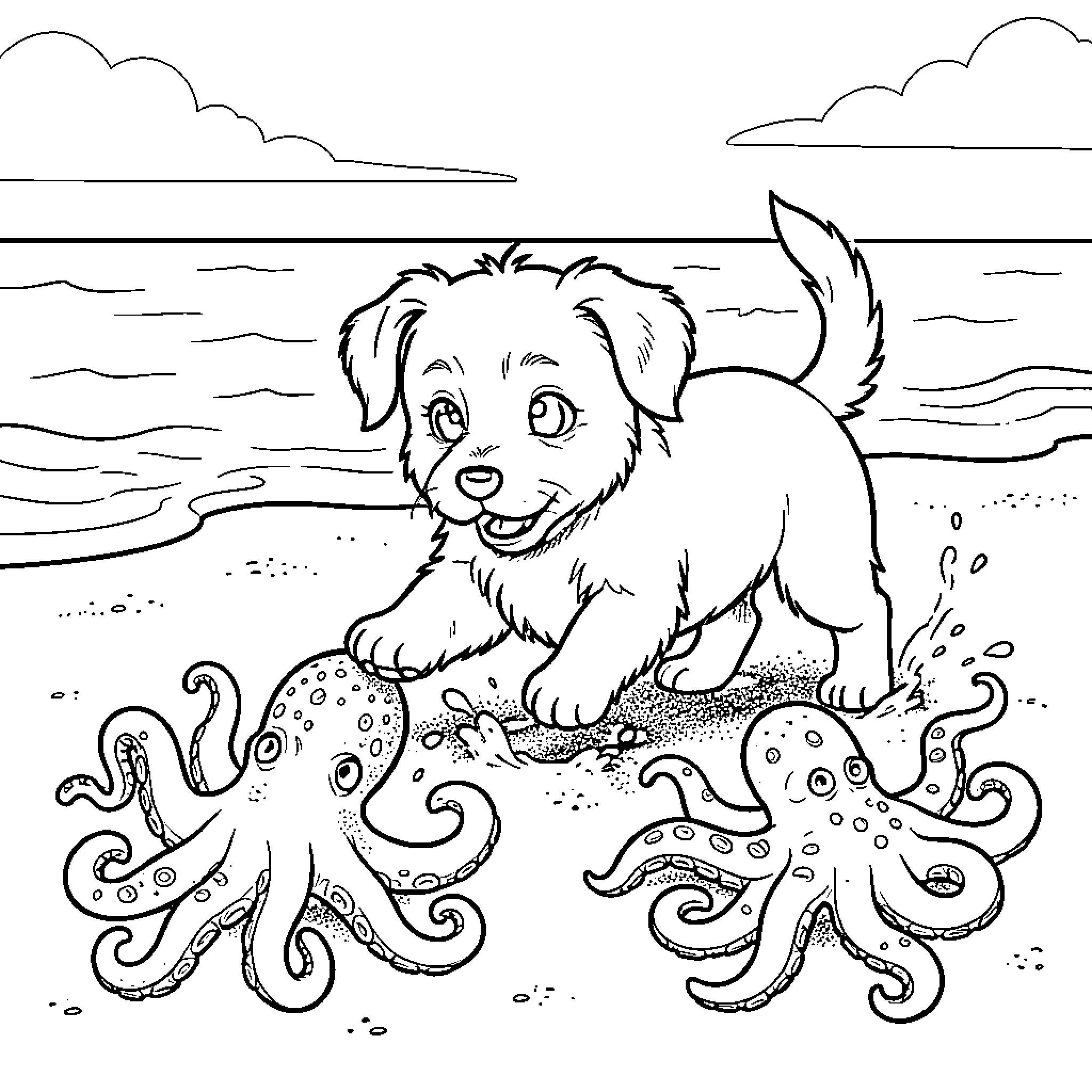 Dog playing on the beach with two octopuses Coloring Page (free black-and-white line drawing printable PDF for all, from beginners to advanced learners, including children, teens, adults, and seniors)
