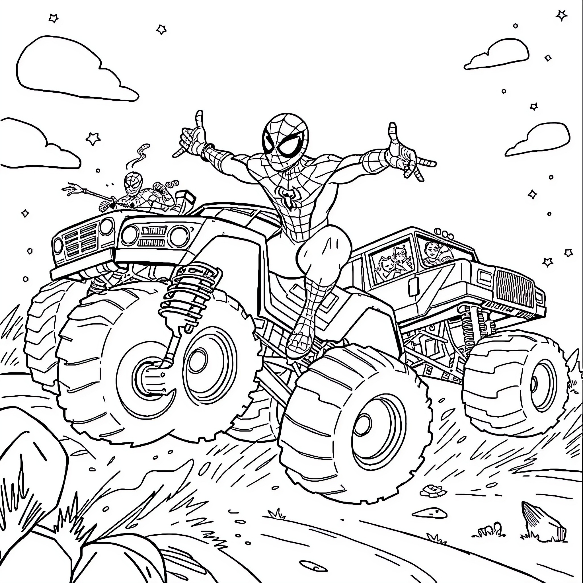 Spider-Man's Heroic Monster Truck Adventure Coloring Page (free black-and-white line drawing printable PDF for all, from beginners to advanced learners, including children, teens, adults, and seniors)