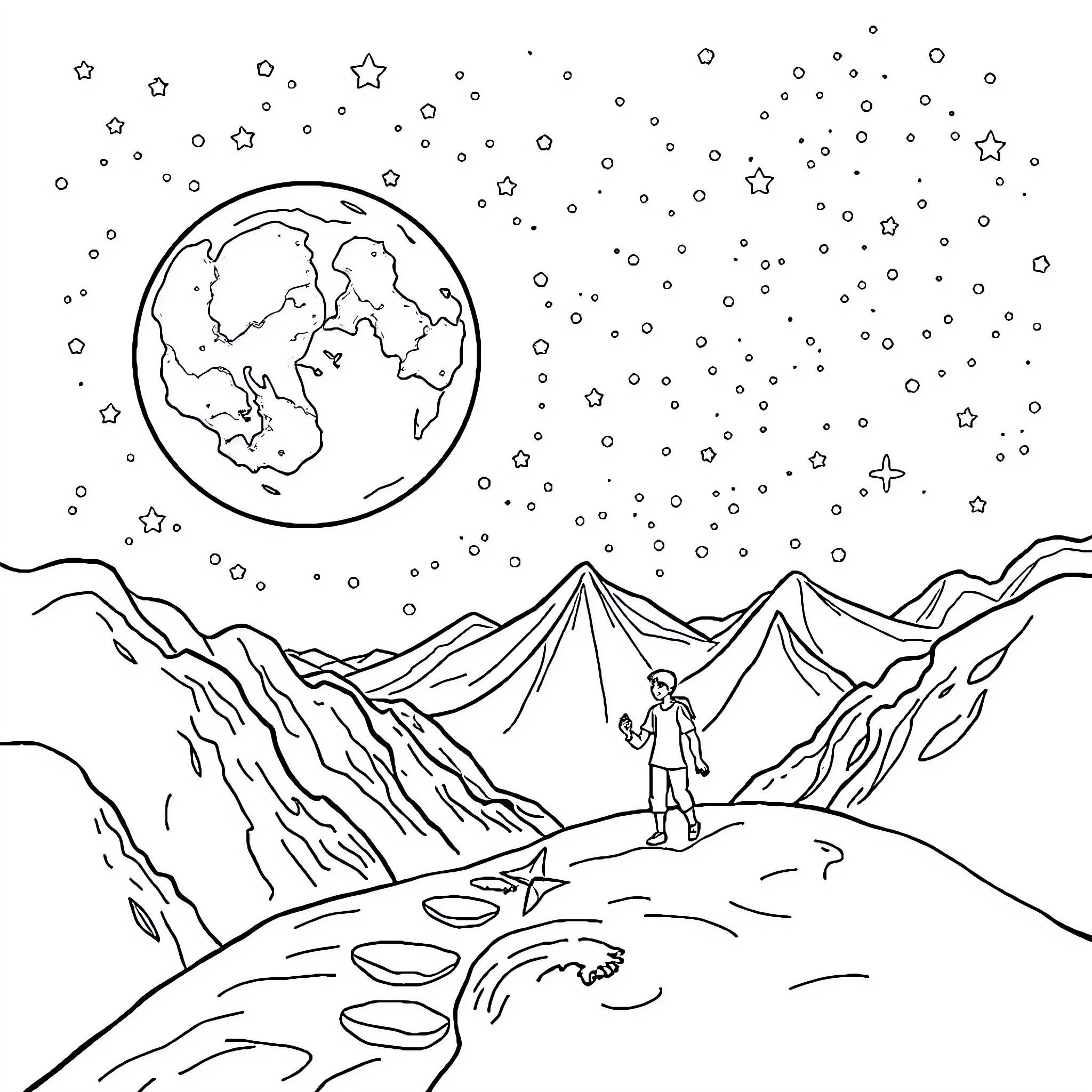 Moon shining on lone hiker in the mountains Coloring Page (free black-and-white line drawing printable PDF for all, from beginners to advanced learners, including children, teens, adults, and seniors)