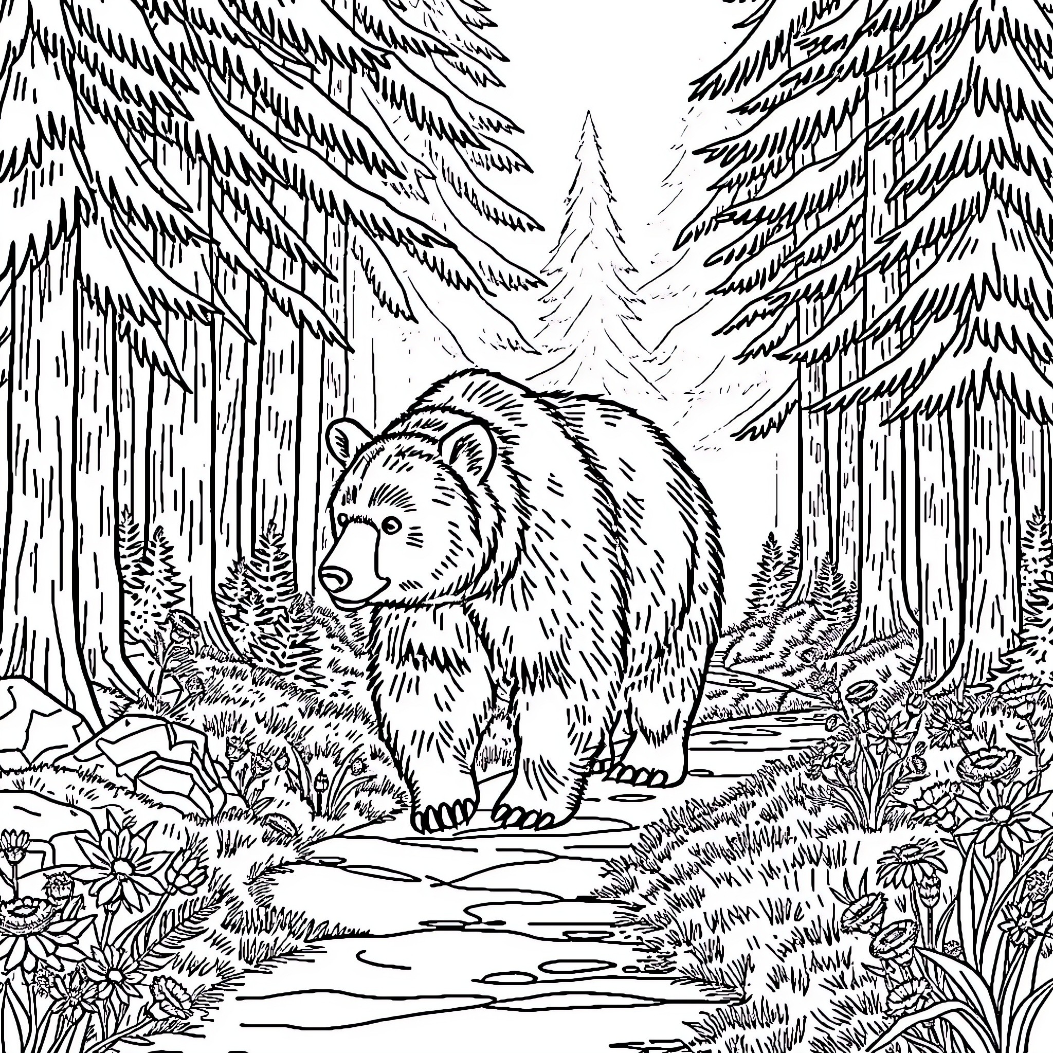 Bear in the Tranquil Forest Coloring Page (free black-and-white line drawing printable PDF for all, from beginners to advanced learners, including children, teens, adults, and seniors)