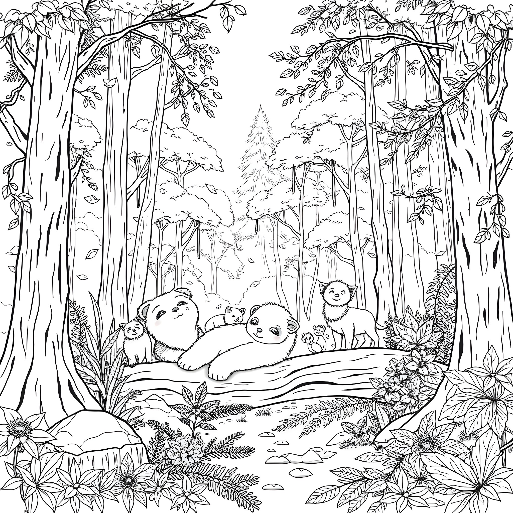 Tung family in the tranquil forest Coloring Page (free black-and-white line drawing printable PDF for all, from beginners to advanced learners, including children, teens, adults, and seniors)