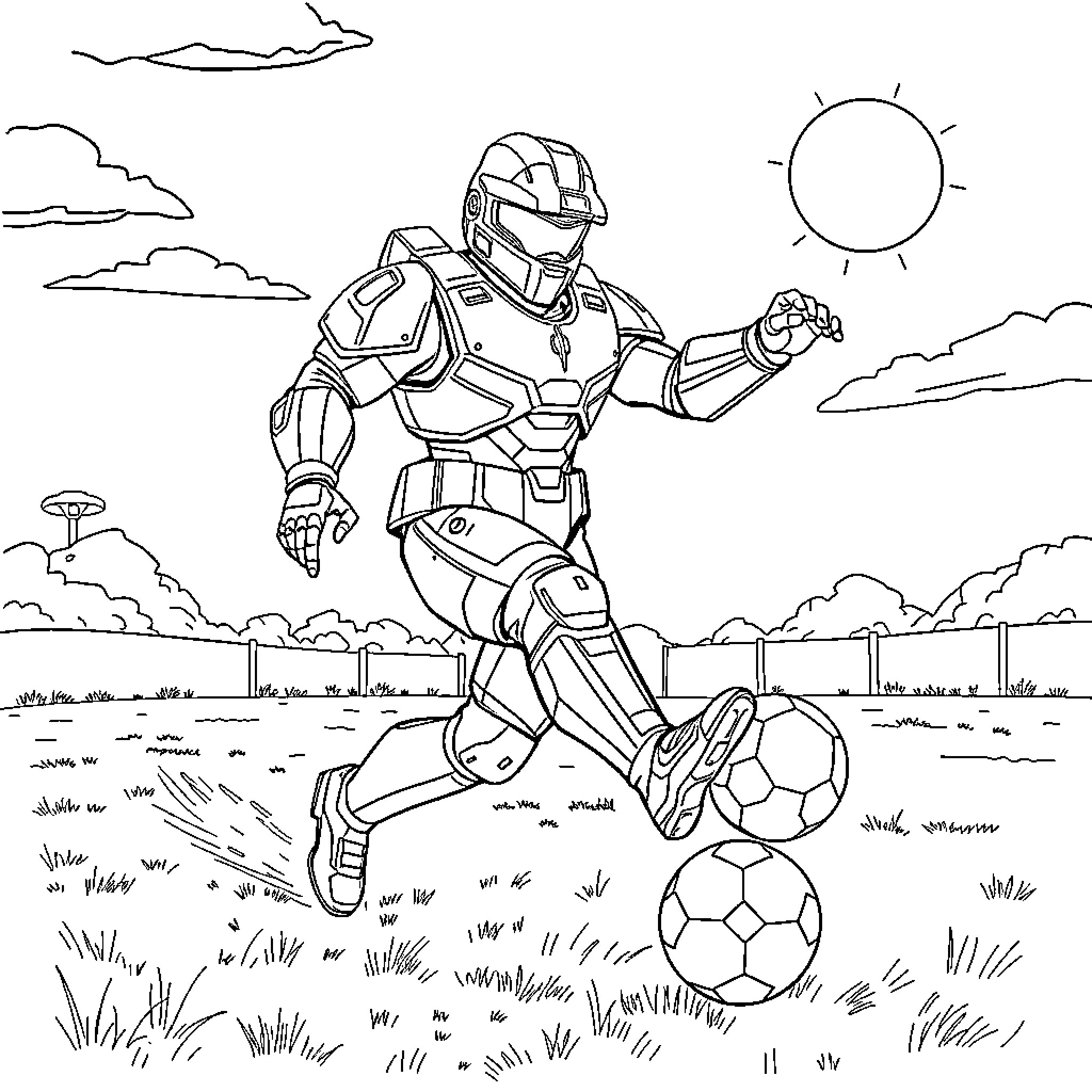 Master Chief playing soccer in a vibrant landscape Coloring Page (free black-and-white line drawing printable PDF for all, from beginners to advanced learners, including children, teens, adults, and seniors)