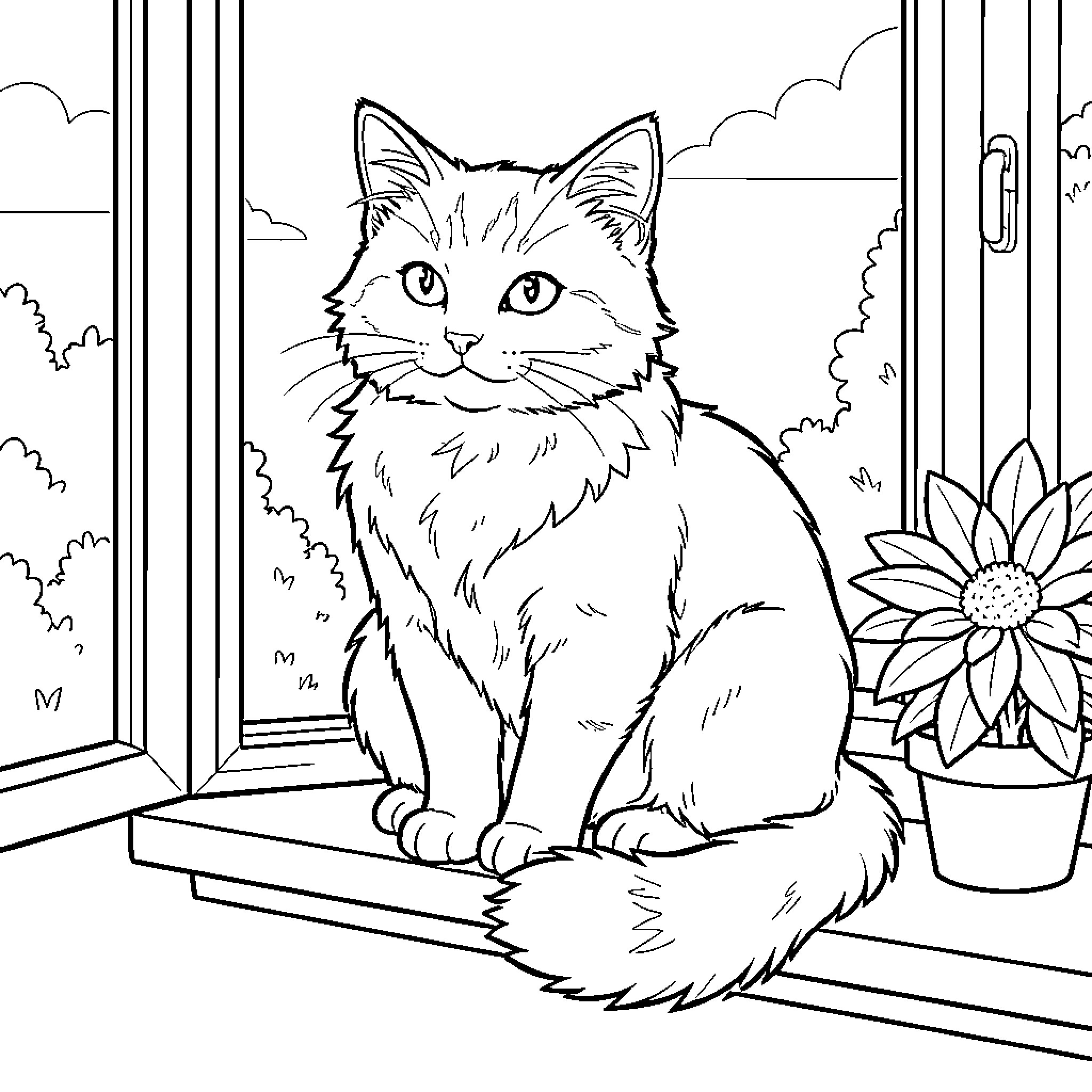Cat enjoying the view from the window Coloring Page (free black-and-white line drawing printable PDF for all, from beginners to advanced learners, including children, teens, adults, and seniors)