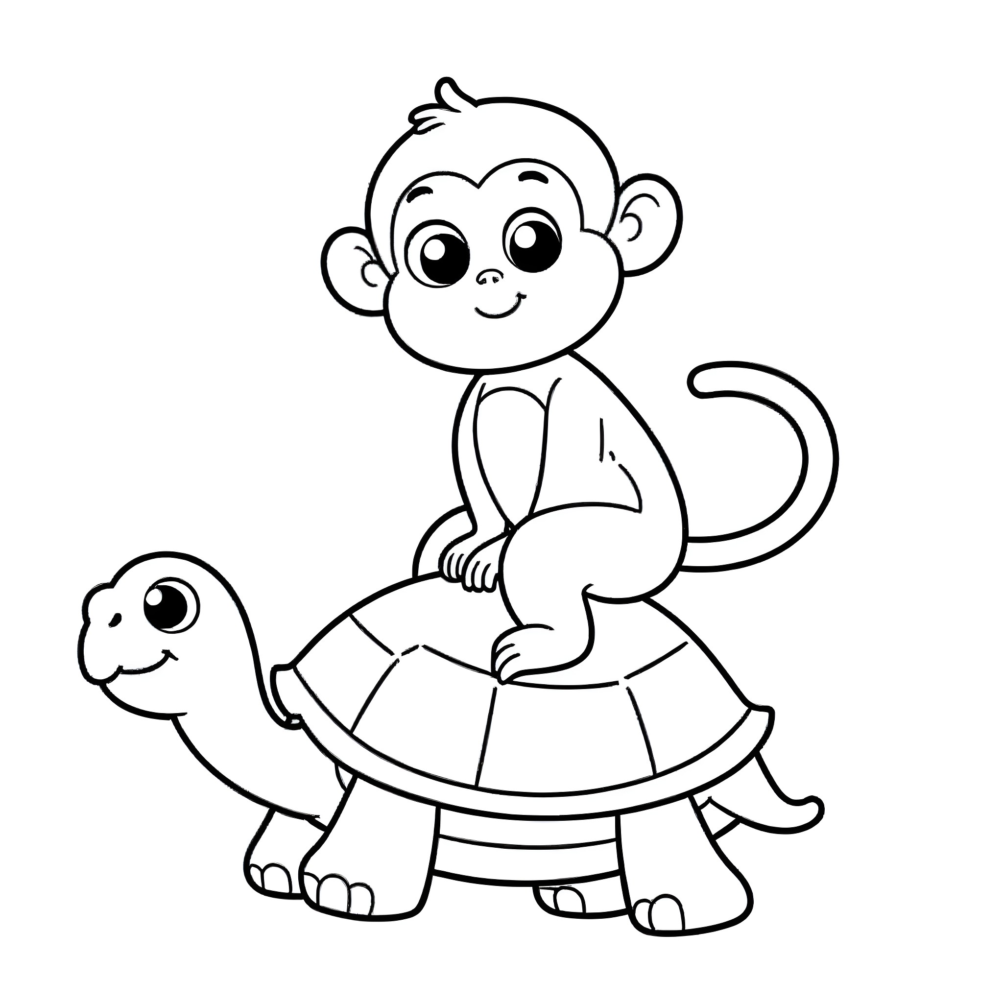 Monkey riding happily on a turtle Coloring Page (free black-and-white line drawing printable PDF for all, from beginners to advanced learners, including children, teens, adults, and seniors)