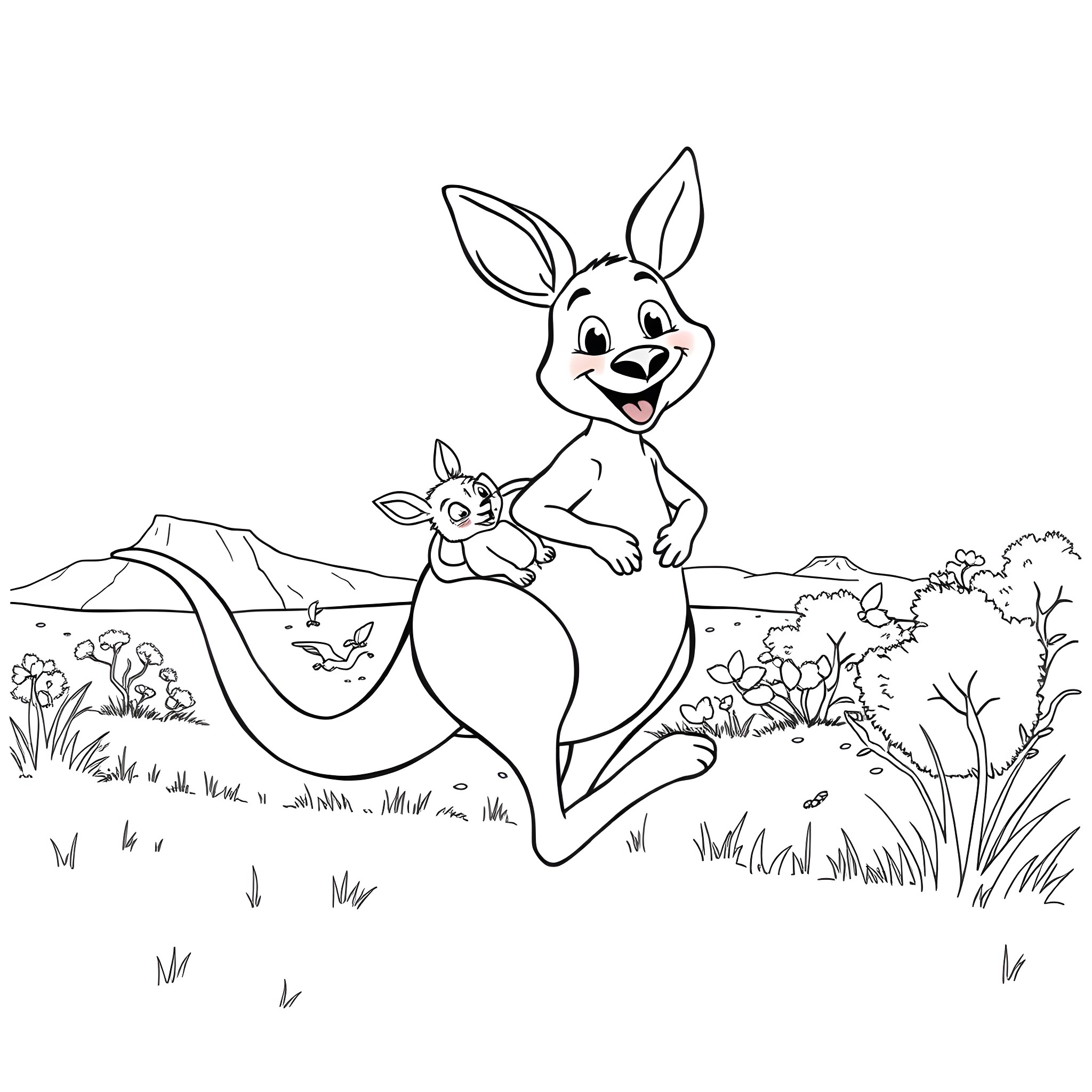 Kangaroo and baby in meadow Coloring Page (free black-and-white line drawing printable PDF for all, from beginners to advanced learners, including children, teens, adults, and seniors)
