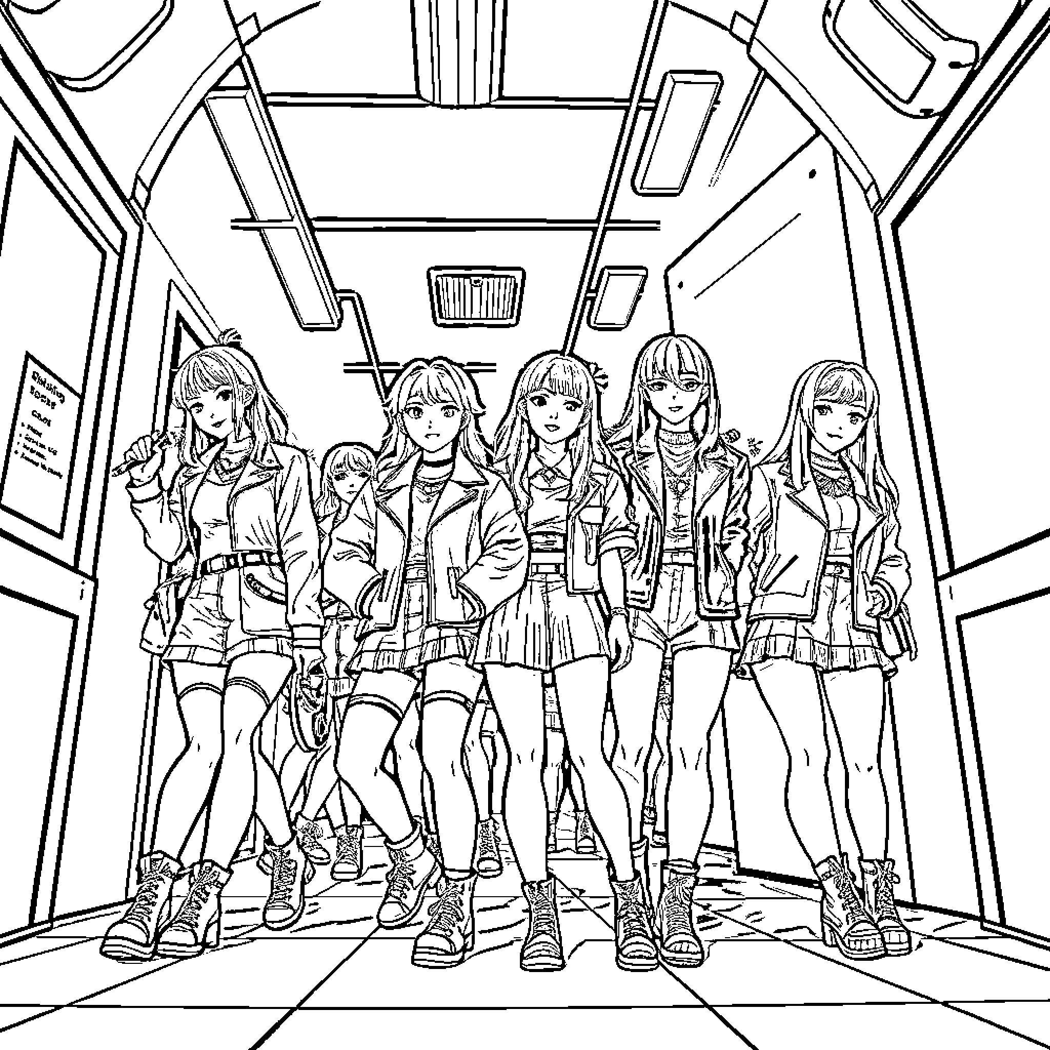 Warrior Girls in Futuristic Outfits Coloring Page (free black-and-white line drawing printable PDF for all, from beginners to advanced learners, including children, teens, adults, and seniors)