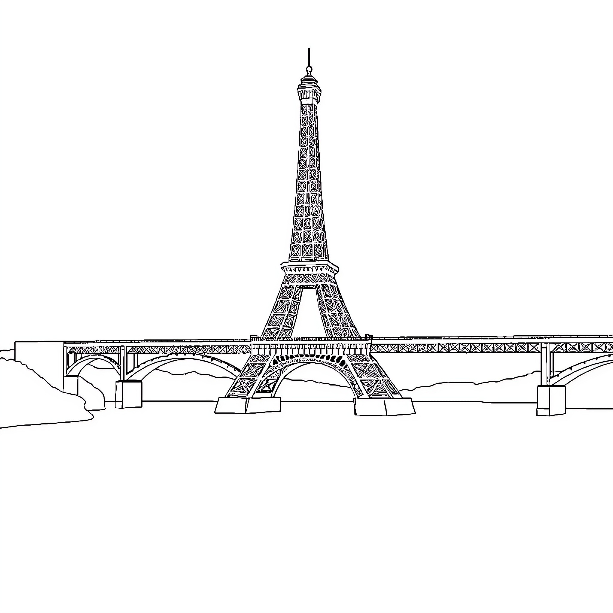 Eiffel Bridge with scenic landscape Coloring Page (free black-and-white line drawing printable PDF for all, from beginners to advanced learners, including children, teens, adults, and seniors)
