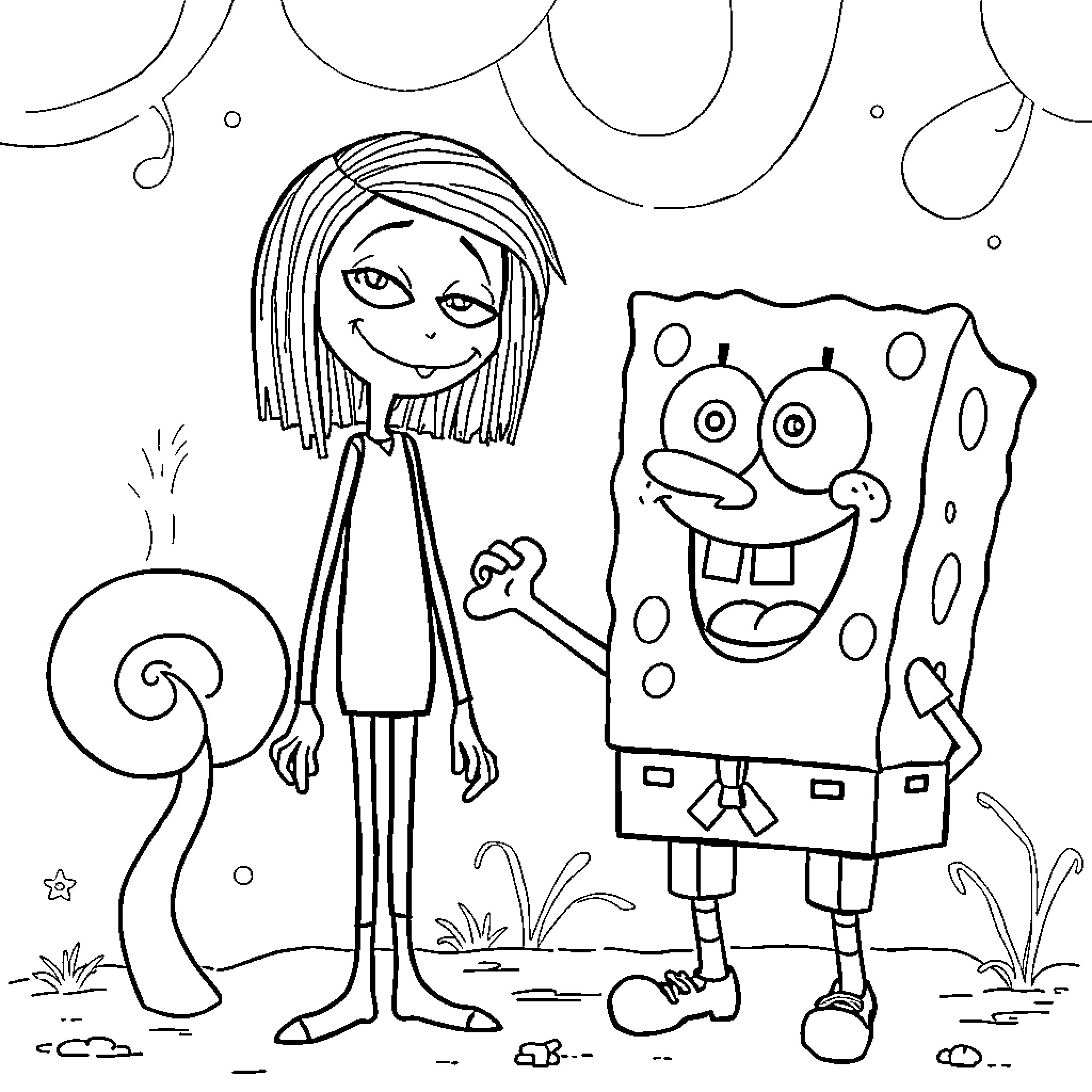 Coraline and SpongeBob's Whimsical Encounter Coloring Page (free black-and-white line drawing printable PDF for all, from beginners to advanced learners, including children, teens, adults, and seniors)