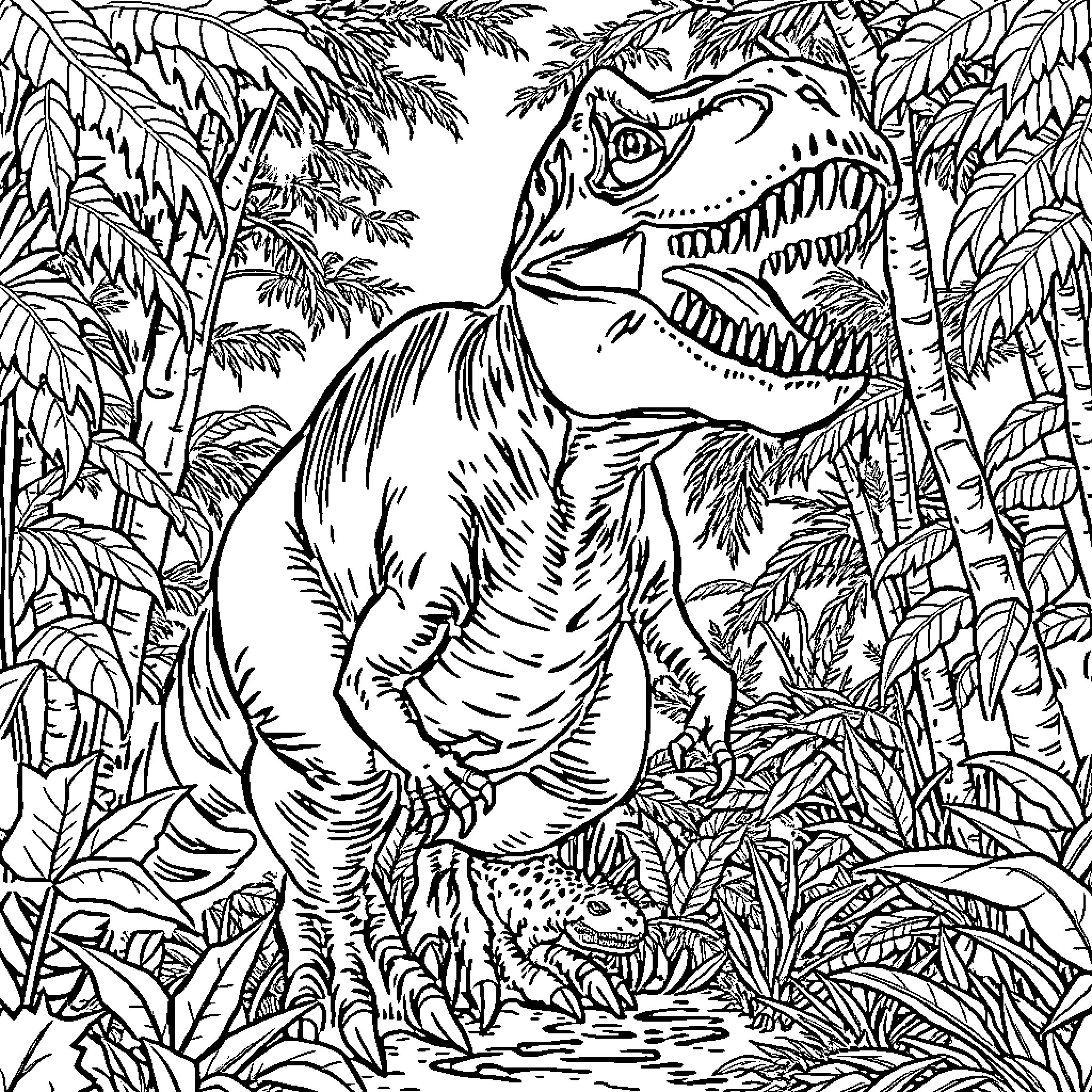 Tyrannosaurus in a Jurassic forest scene Coloring Page (free black-and-white line drawing printable PDF for all, from beginners to advanced learners, including children, teens, adults, and seniors)