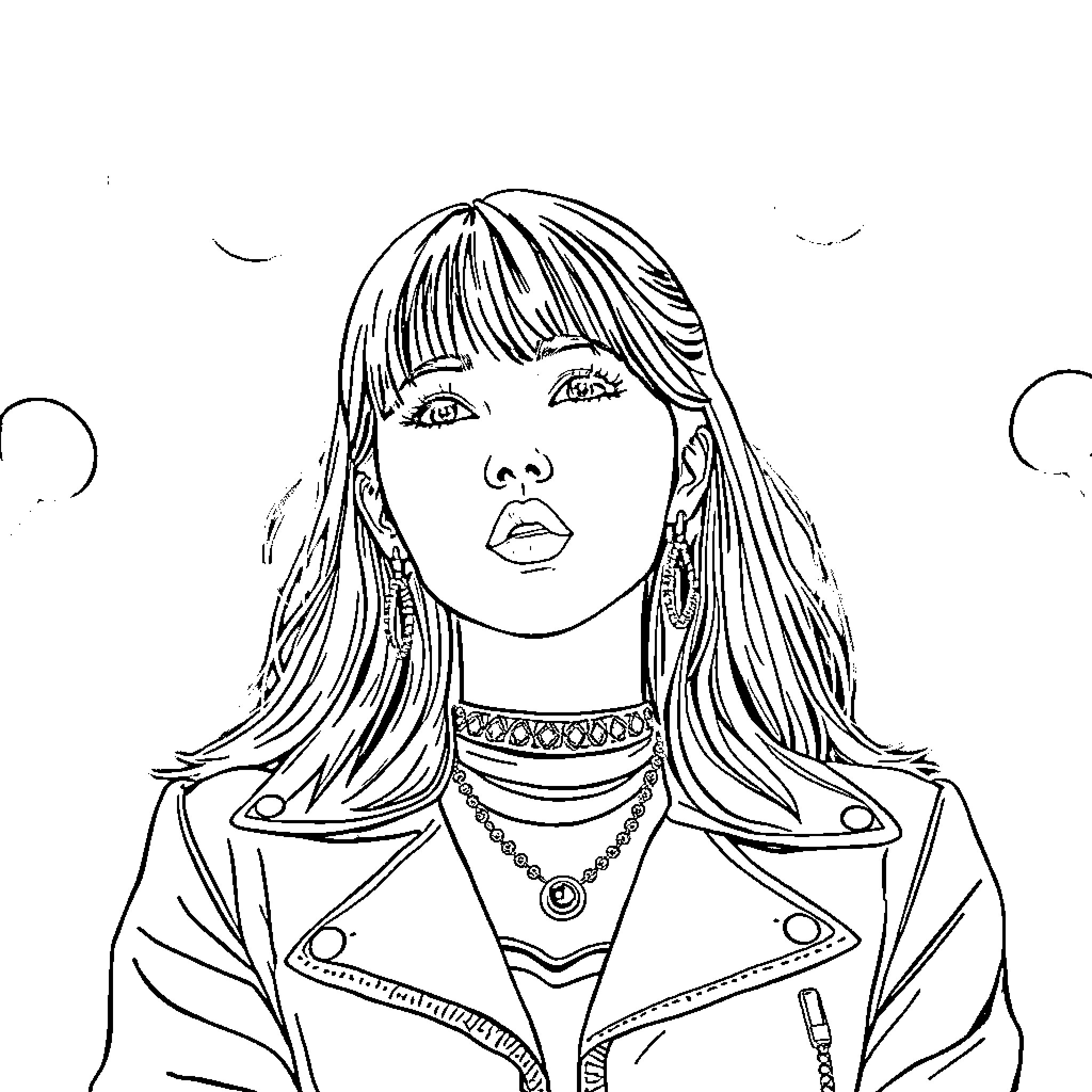 Mira's Trendy Attire and Expression Coloring Page (free black-and-white line drawing printable PDF for all, from beginners to advanced learners, including children, teens, adults, and seniors)