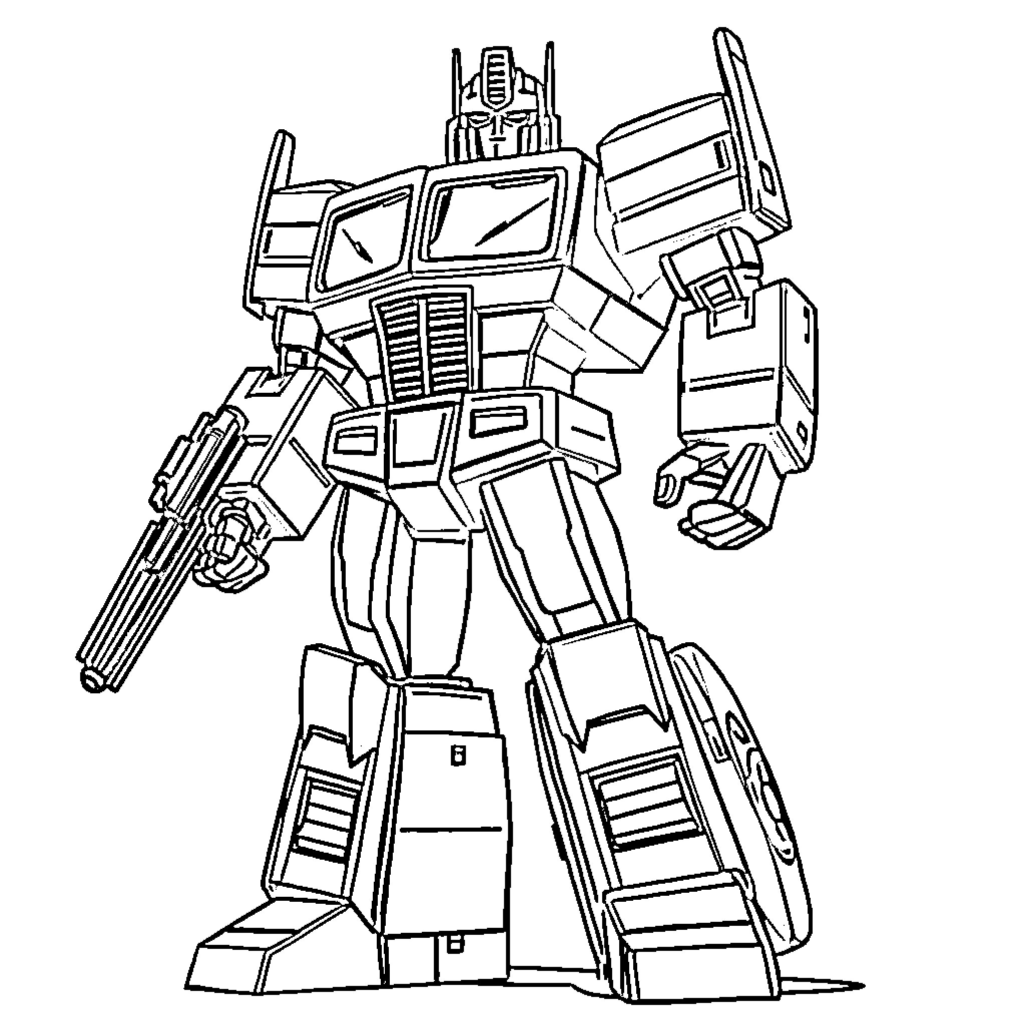 Optimus Prime in heroic battle stance Coloring Page (free black-and-white line drawing printable PDF for all, from beginners to advanced learners, including children, teens, adults, and seniors)