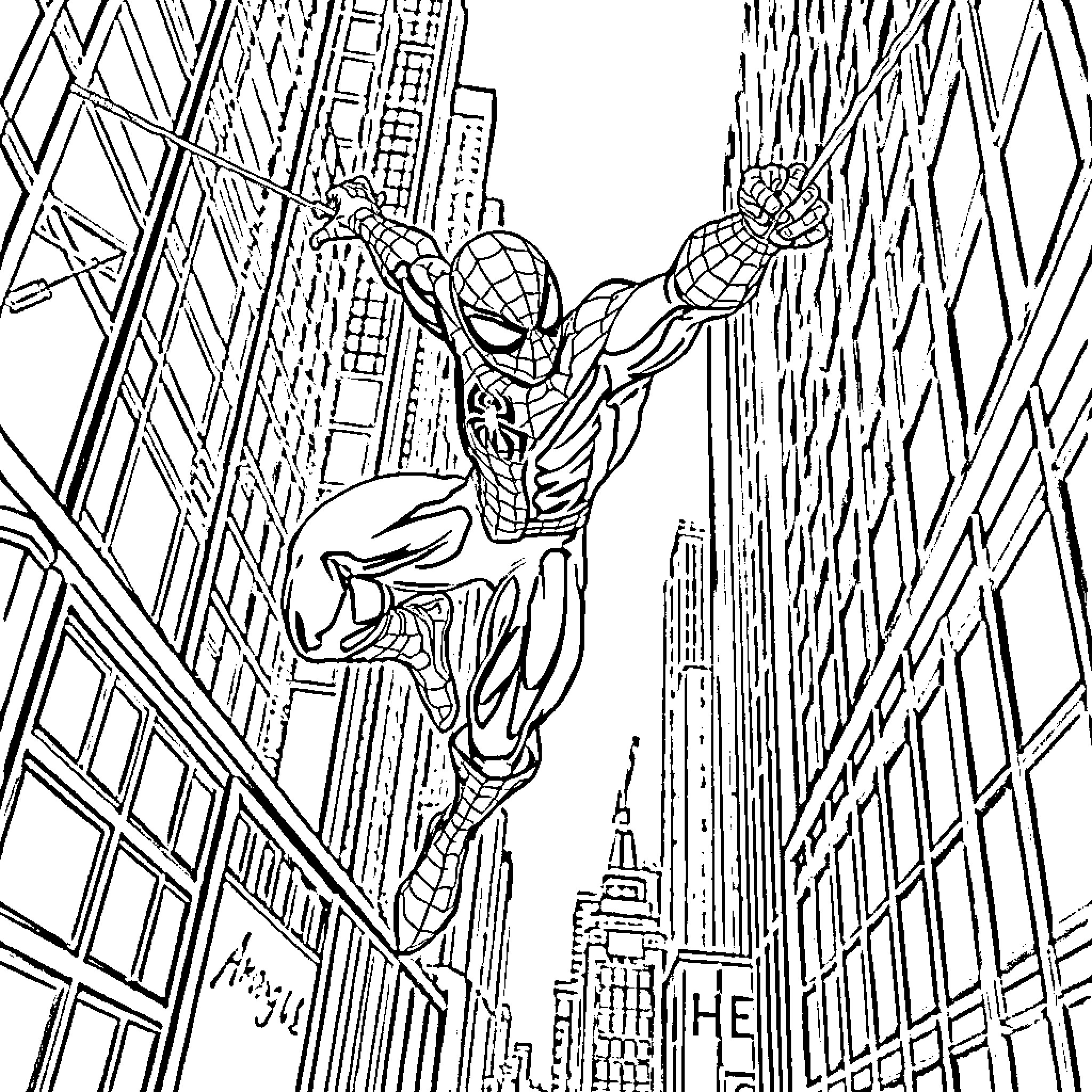 Spider-Man swinging through the city skyline Coloring Page (free black-and-white line drawing printable PDF for all, from beginners to advanced learners, including children, teens, adults, and seniors)