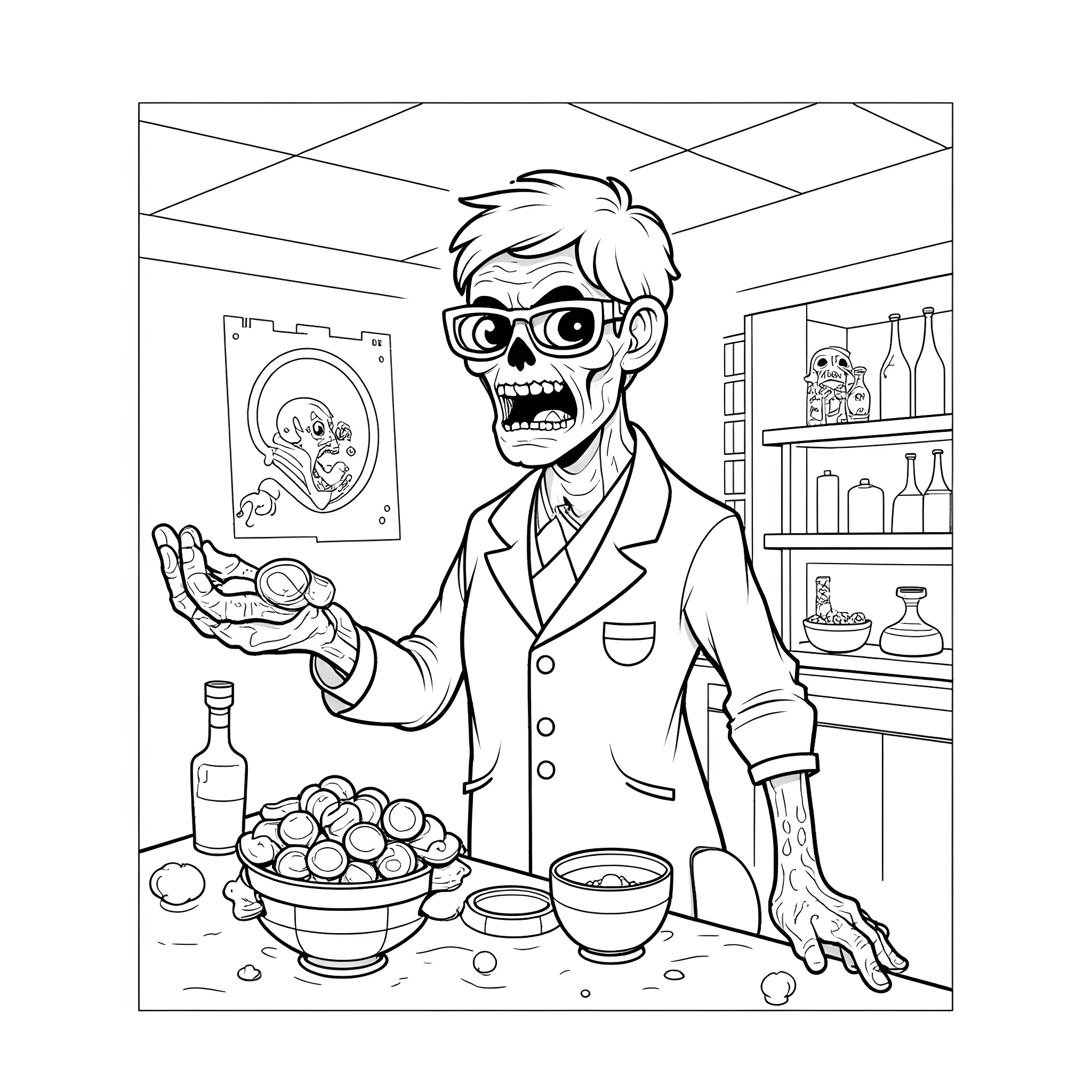 Zombie scientist conducting bizarre experiments in the lab Coloring Page (free black-and-white line drawing printable PDF for all, from beginners to advanced learners, including children, teens, adults, and seniors)