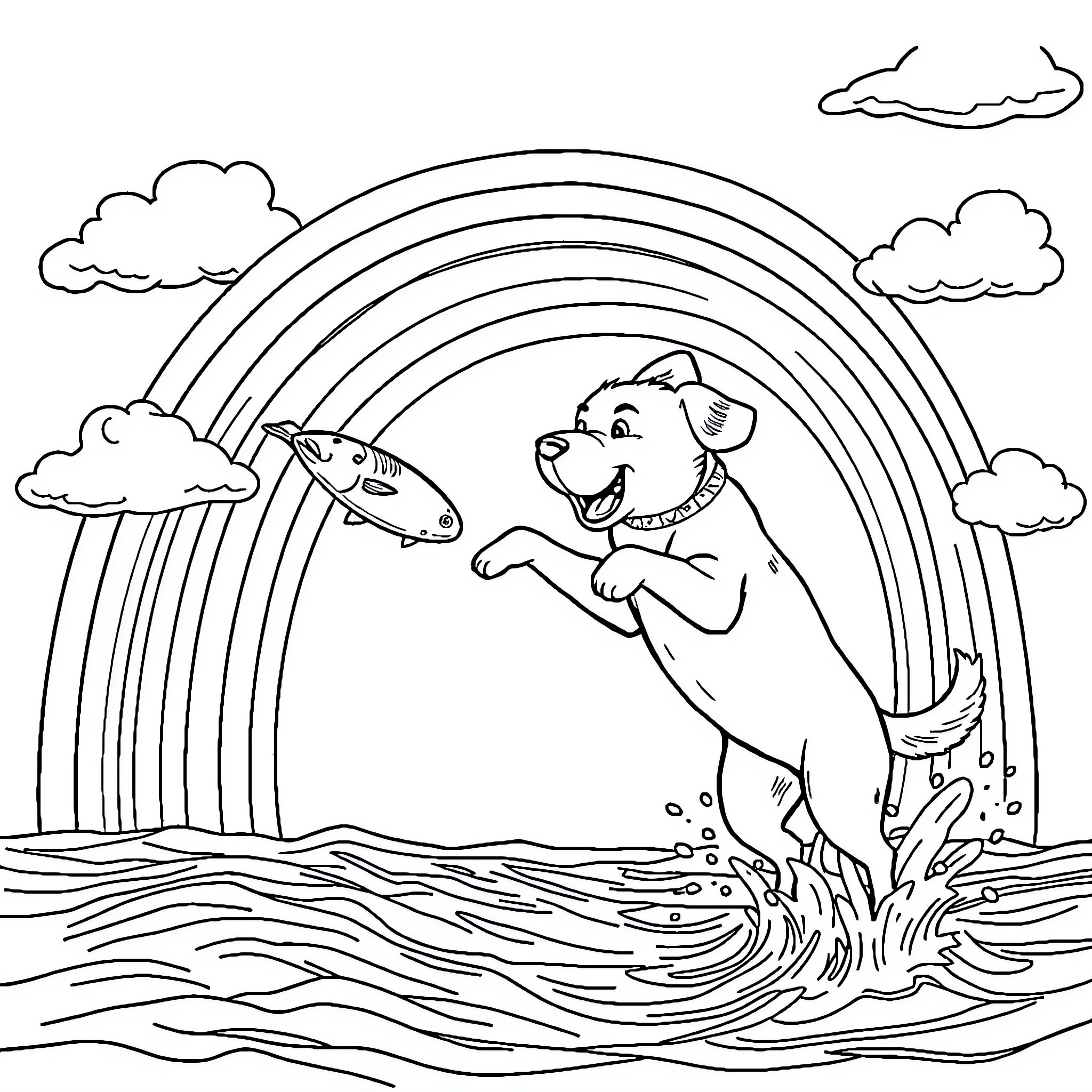 Dog catching fish in the rainbowed ocean Coloring Page (free black-and-white line drawing printable PDF for all, from beginners to advanced learners, including children, teens, adults, and seniors)