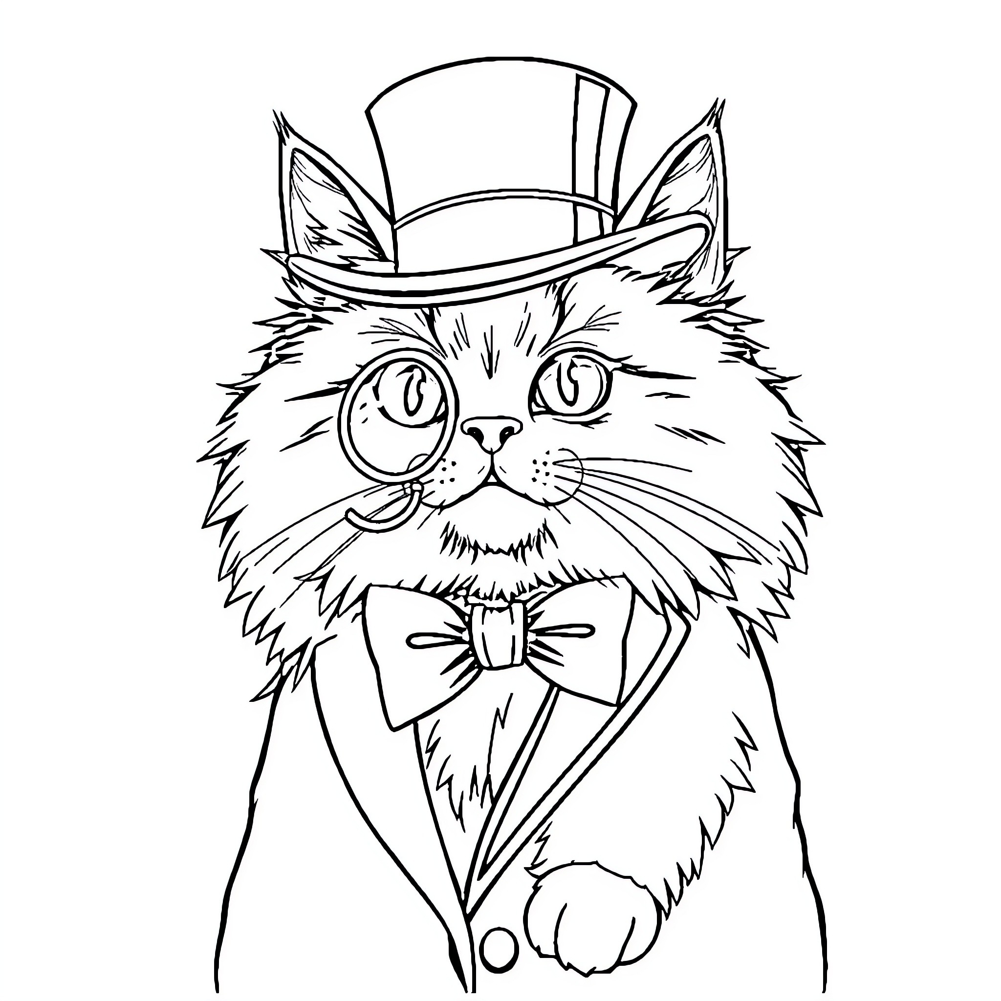 Persian Cat in Formal Attire Coloring Page (free black-and-white line drawing printable PDF for all, from beginners to advanced learners, including children, teens, adults, and seniors)