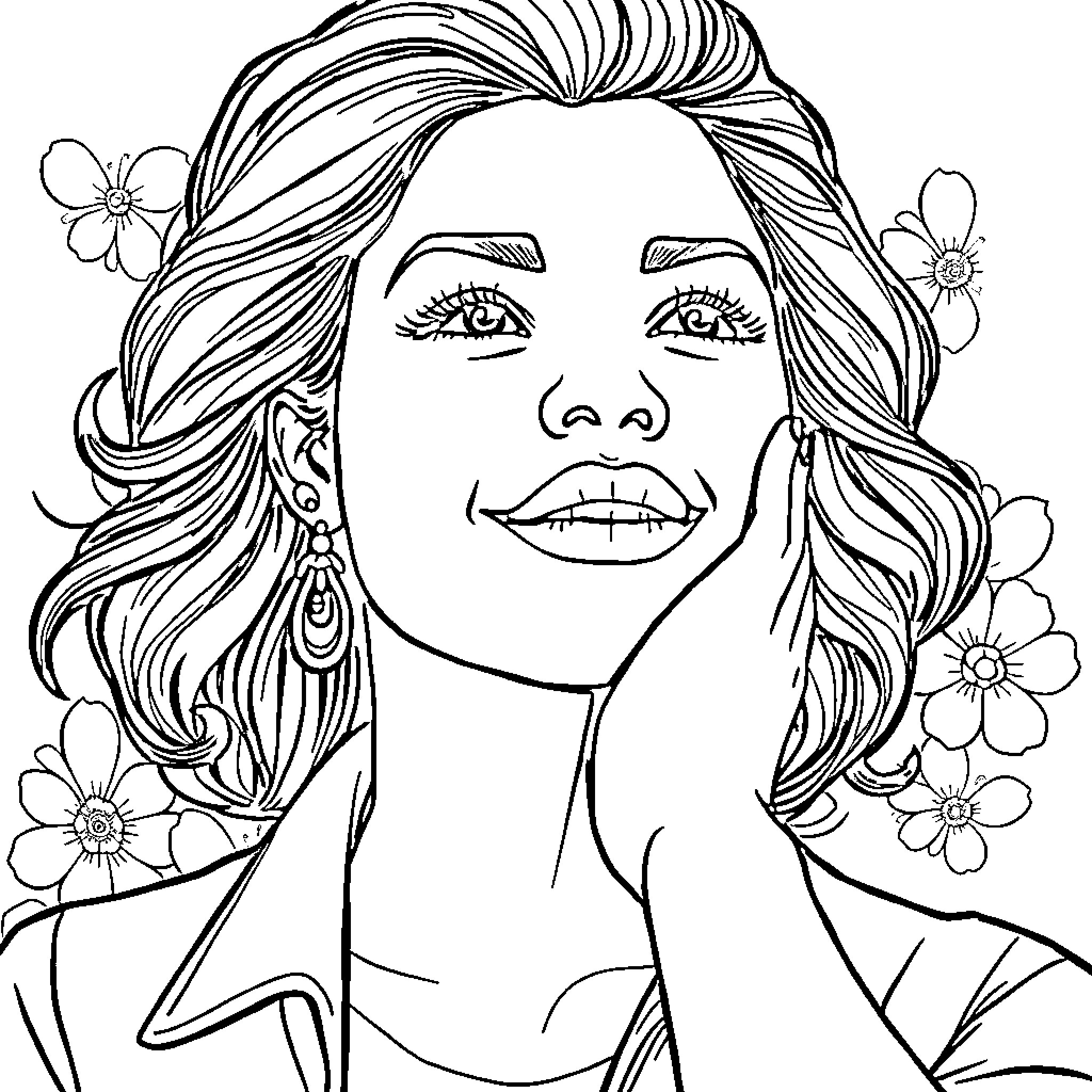 Mujer con flores adornando su cabello Coloring Page (free black-and-white line drawing printable PDF for all, from beginners to advanced learners, including children, teens, adults, and seniors)