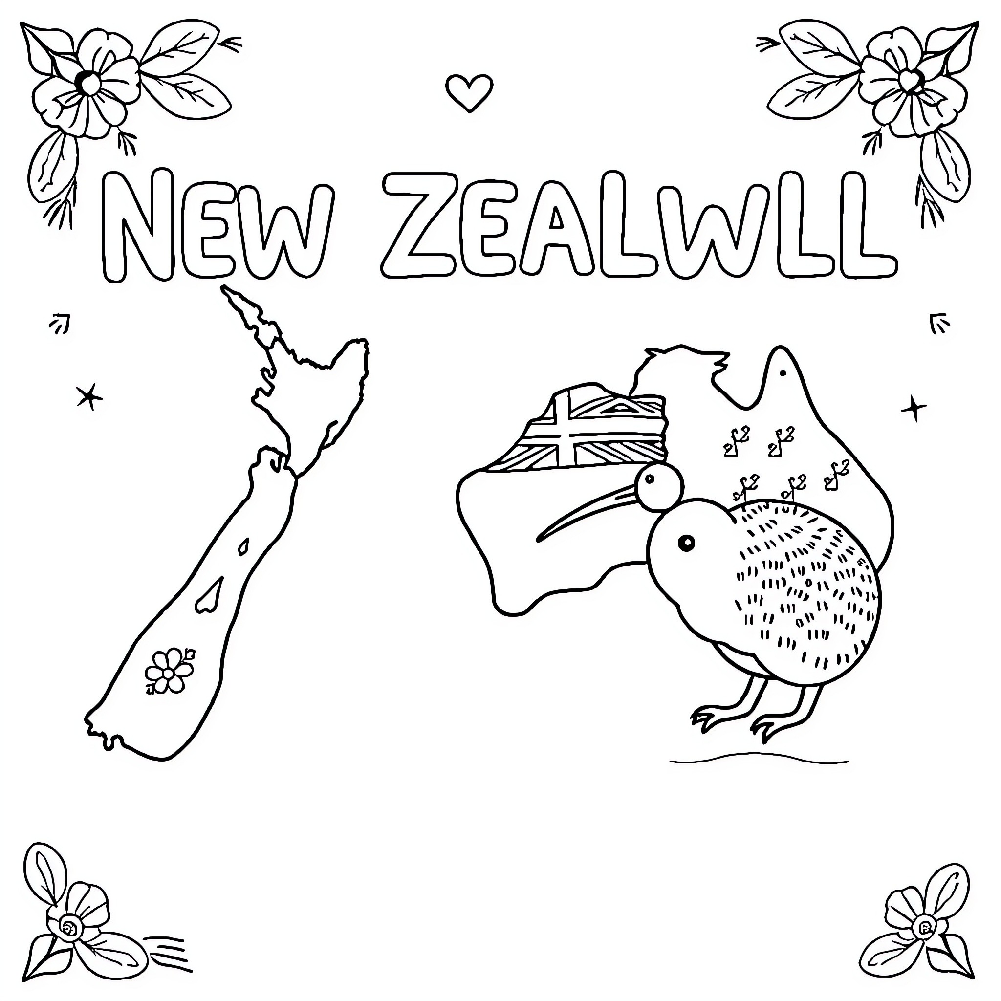 Kiwi bird exploring New Zealand's wildlife and nature Coloring Page (free black-and-white line drawing printable PDF for all, from beginners to advanced learners, including children, teens, adults, and seniors)
