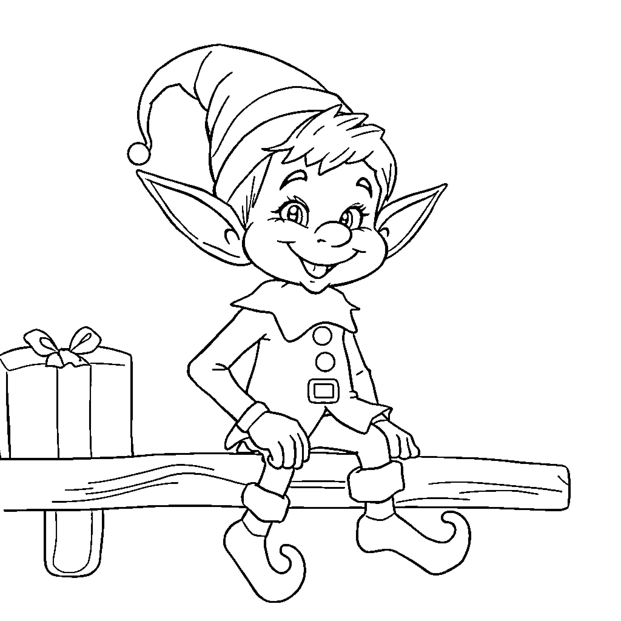 Elf Joyfully Assisting with Holiday Gift Wrapping Coloring Page (free black-and-white line drawing printable PDF for all, from beginners to advanced learners, including children, teens, adults, and seniors)