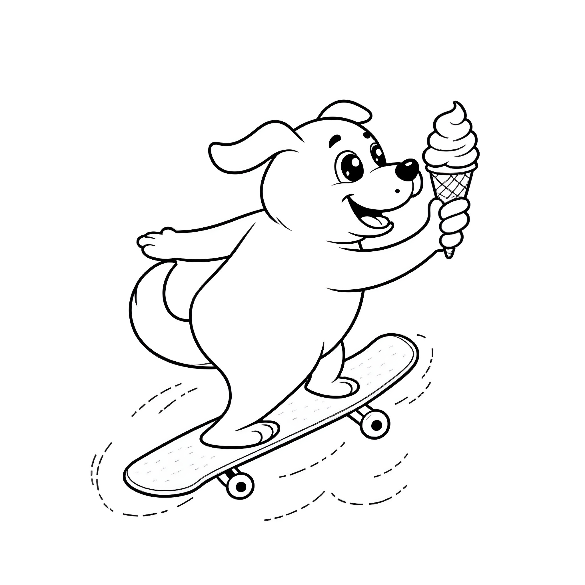 Dog riding skateboard with ice cream Coloring Page (free black-and-white line drawing printable PDF for all, from beginners to advanced learners, including children, teens, adults, and seniors)