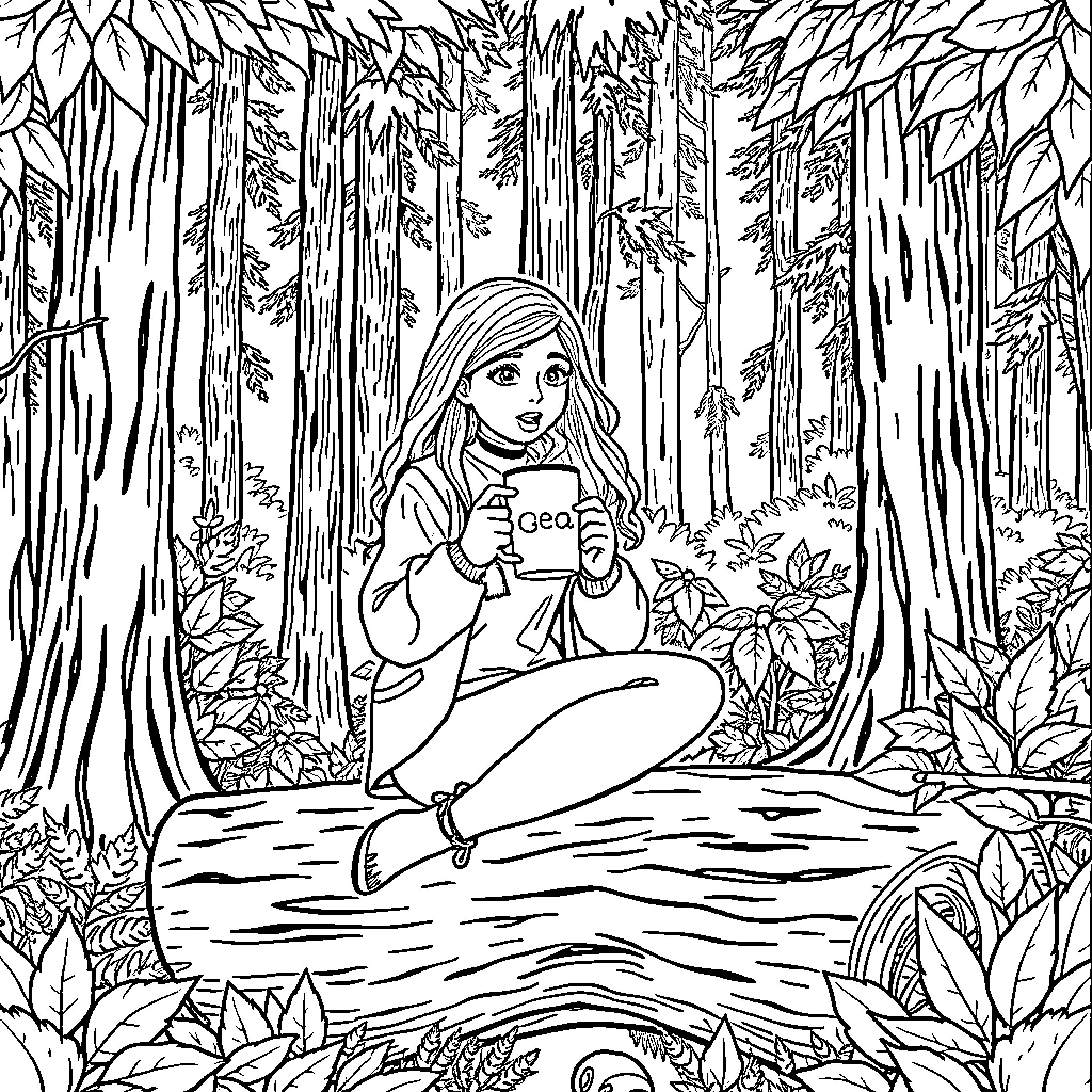Geese resting peacefully in the forest Coloring Page (free black-and-white line drawing printable PDF for all, from beginners to advanced learners, including children, teens, adults, and seniors)