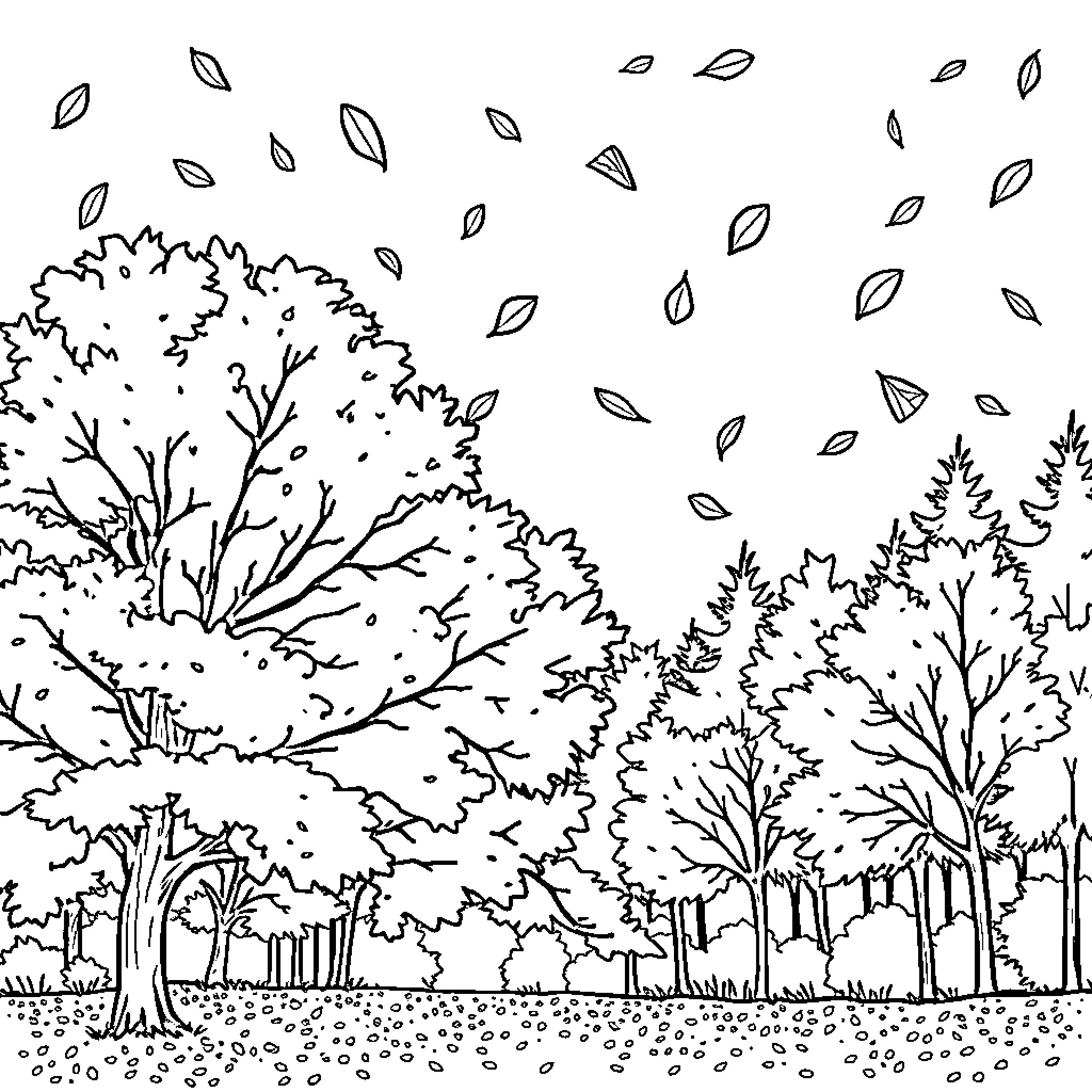 Autumn landscape with falling leaves Coloring Page (free black-and-white line drawing printable PDF for all, from beginners to advanced learners, including children, teens, adults, and seniors)
