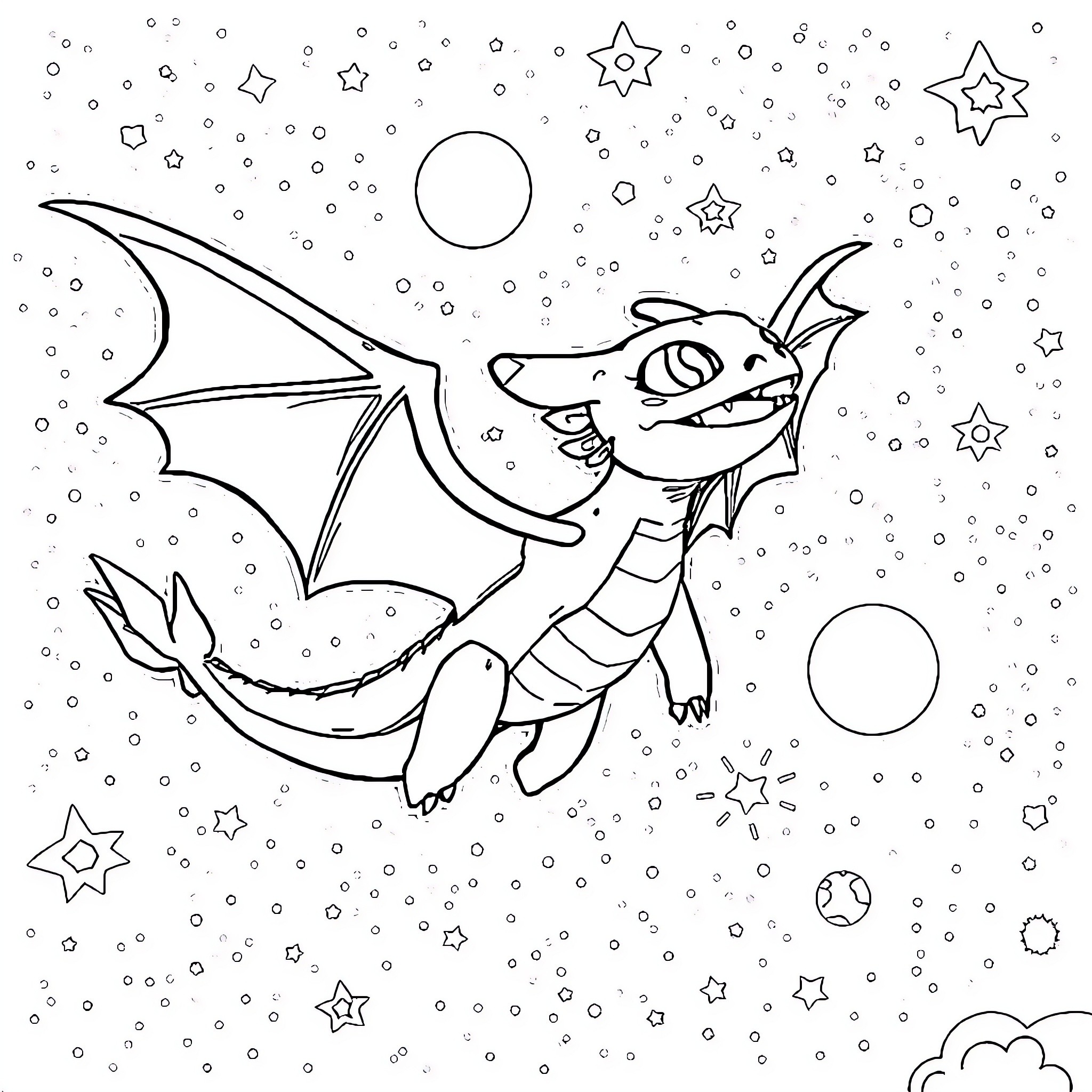 Toothless flying playfully among the stars Coloring Page (free black-and-white line drawing printable PDF for all, from beginners to advanced learners, including children, teens, adults, and seniors)