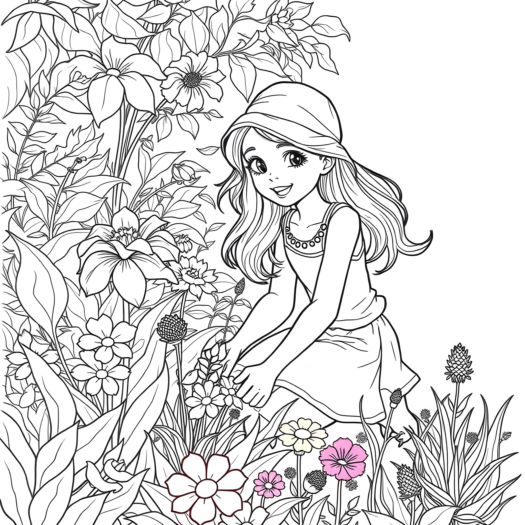 Girl surrounded by beautiful flowers in nature Coloring Page (free black-and-white line drawing printable PDF for all, from beginners to advanced learners, including children, teens, adults, and seniors)