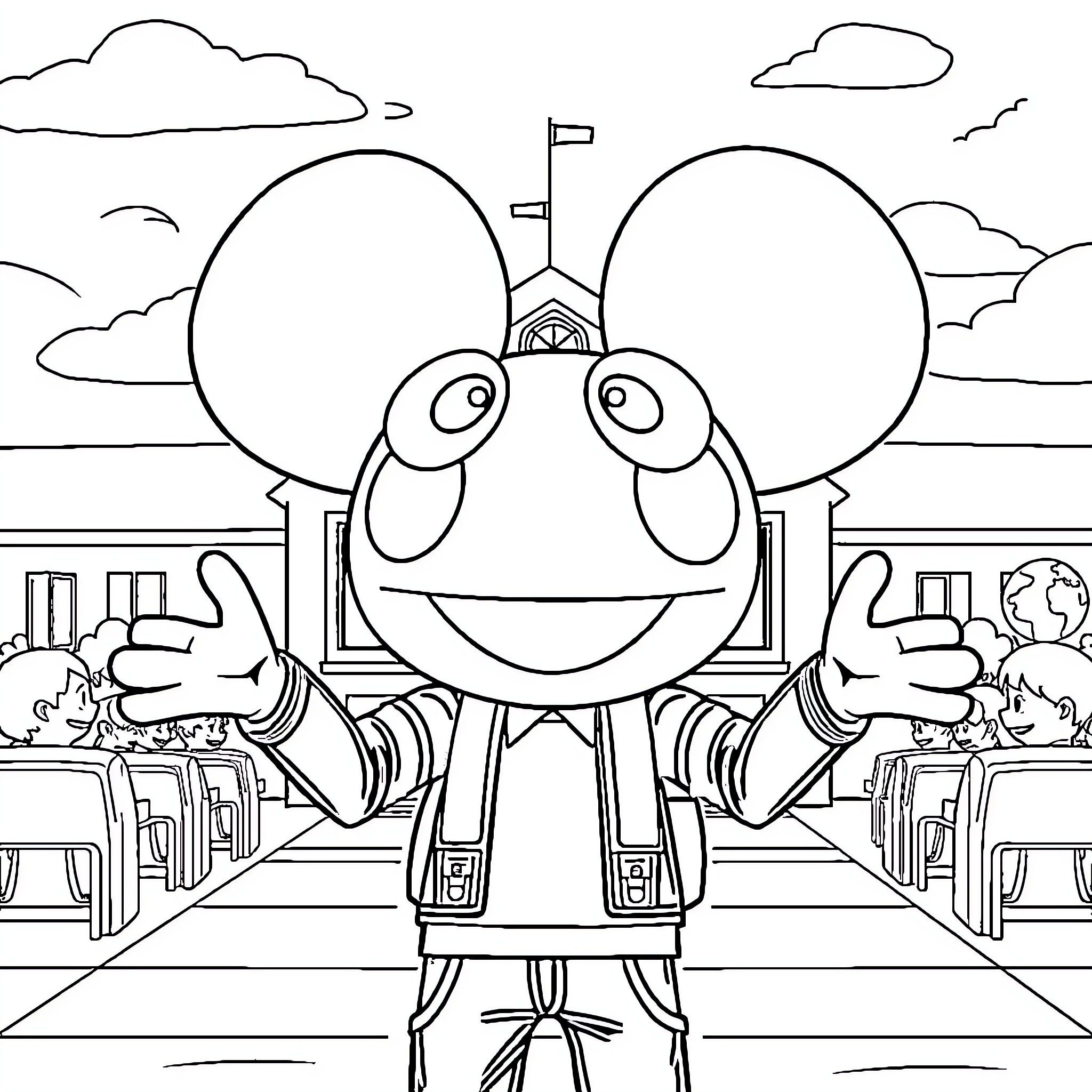 Deadmau5 character in a classroom setting Coloring Page (free black-and-white line drawing printable PDF for all, from beginners to advanced learners, including children, teens, adults, and seniors)