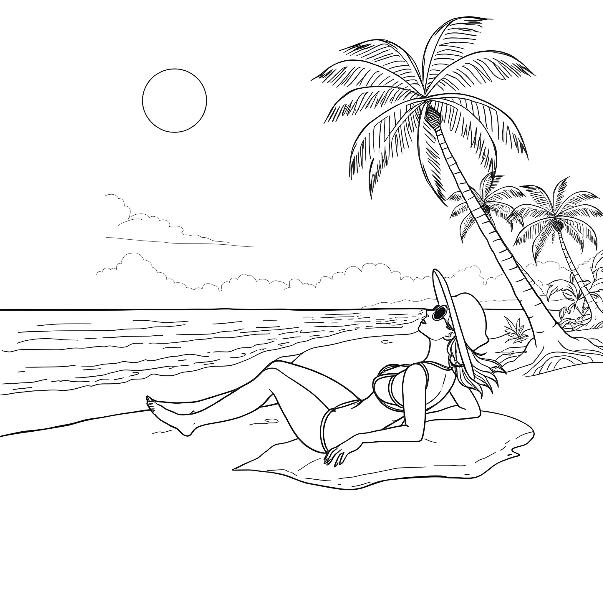 Lady relaxing on the beach under palm trees Coloring Page (free black-and-white line drawing printable PDF for all, from beginners to advanced learners, including children, teens, adults, and seniors)