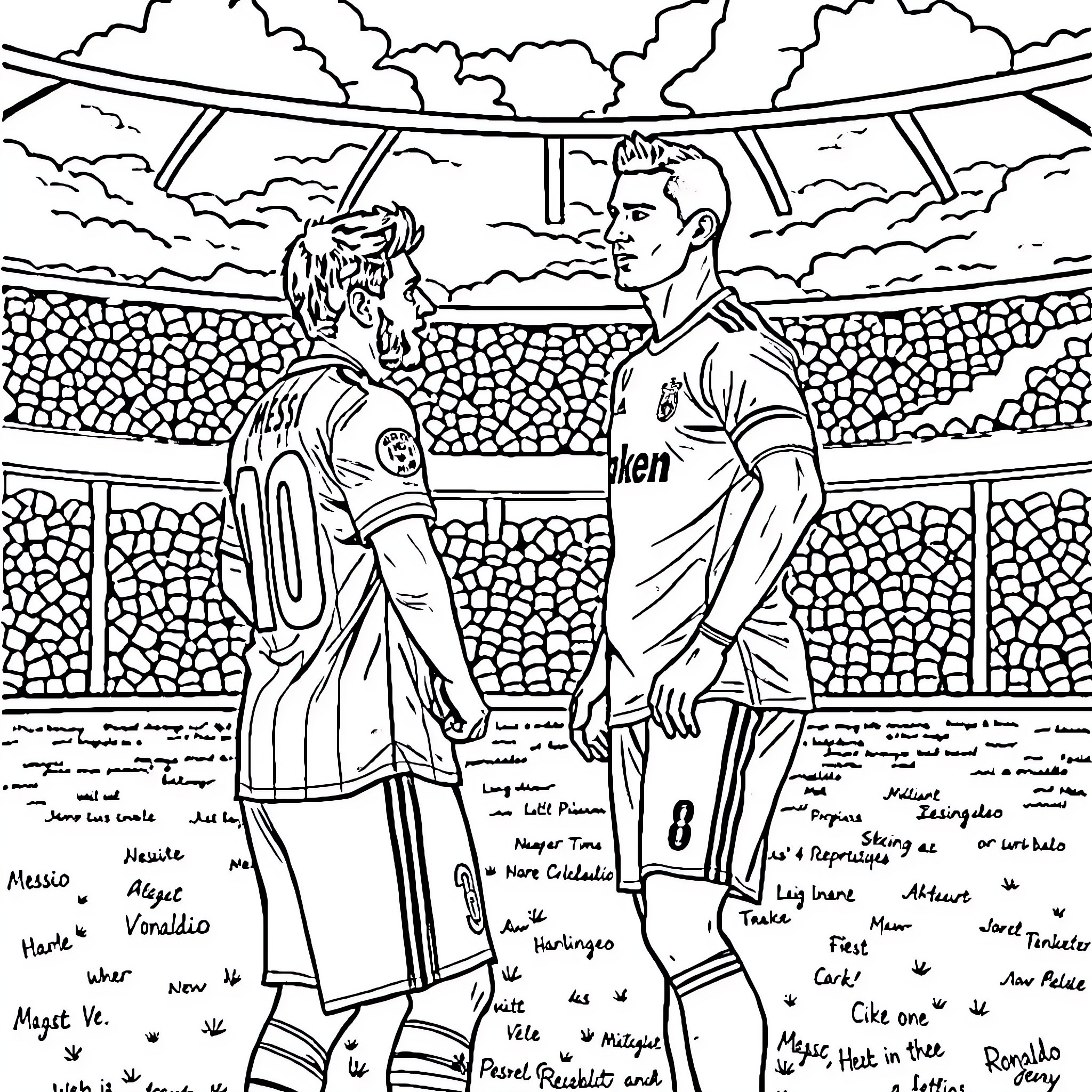 Messi celebrating with his teammate on the field Coloring Page (free black-and-white line drawing printable PDF for all, from beginners to advanced learners, including children, teens, adults, and seniors)