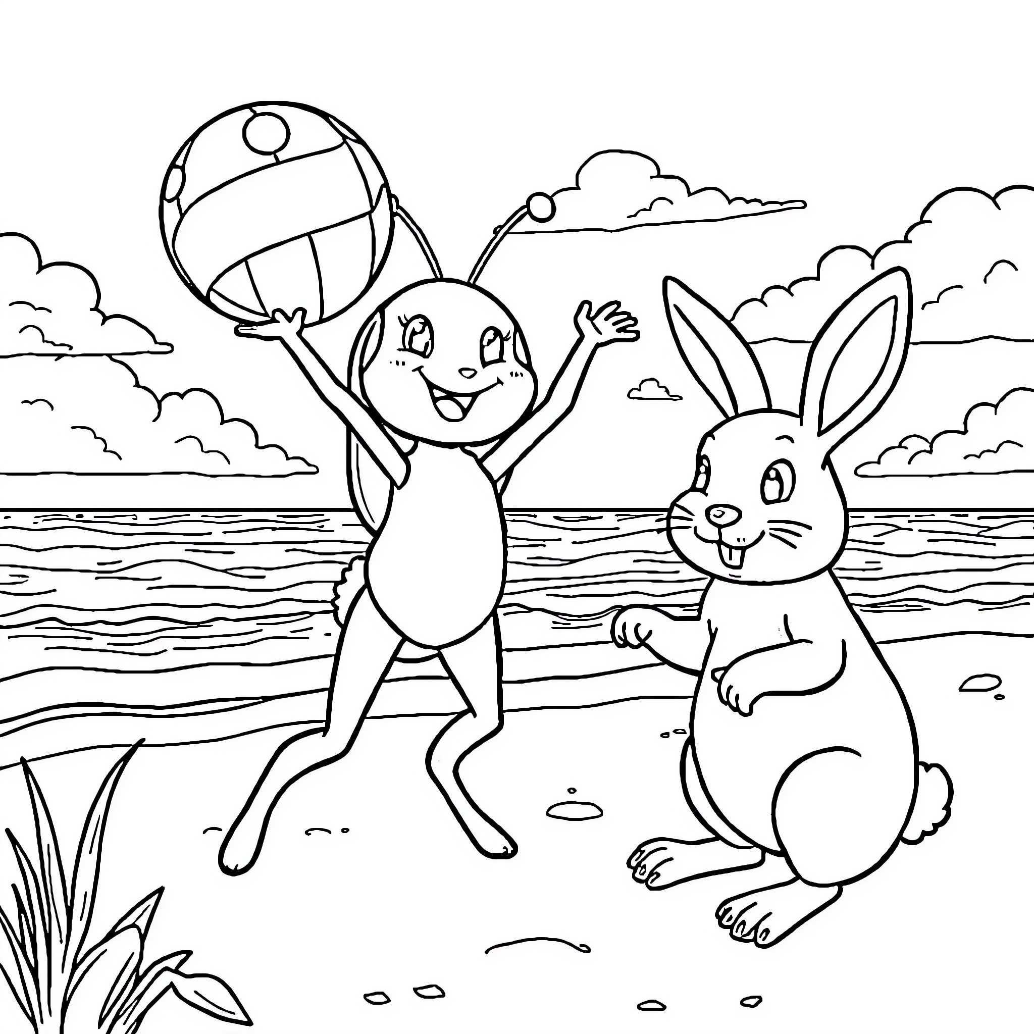 Ladybug playing joyfully with rabbit by the seaside Coloring Page (free black-and-white line drawing printable PDF for all, from beginners to advanced learners, including children, teens, adults, and seniors)
