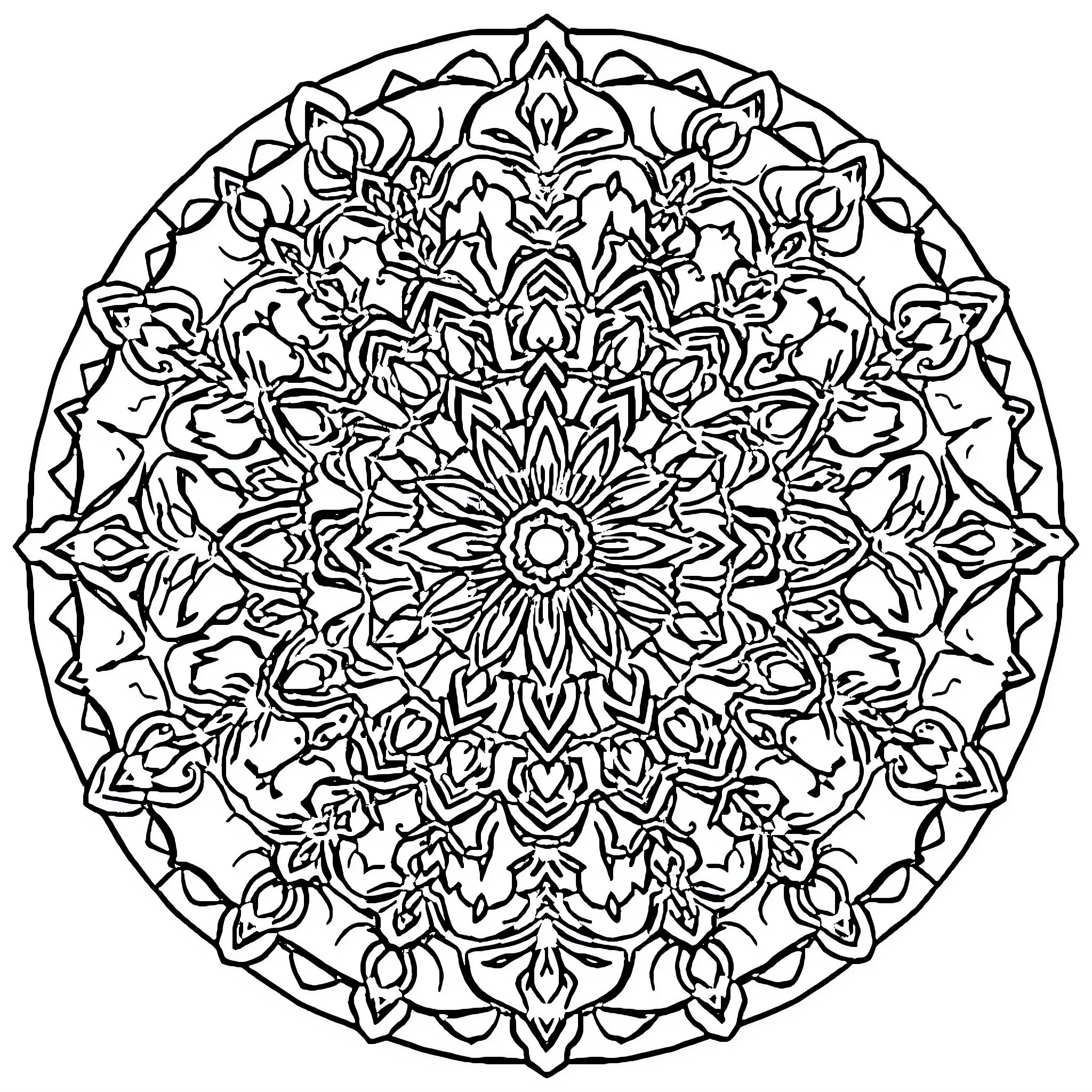 Mandala with intricate floral patterns Coloring Page (free black-and-white line drawing printable PDF for all, from beginners to advanced learners, including children, teens, adults, and seniors)