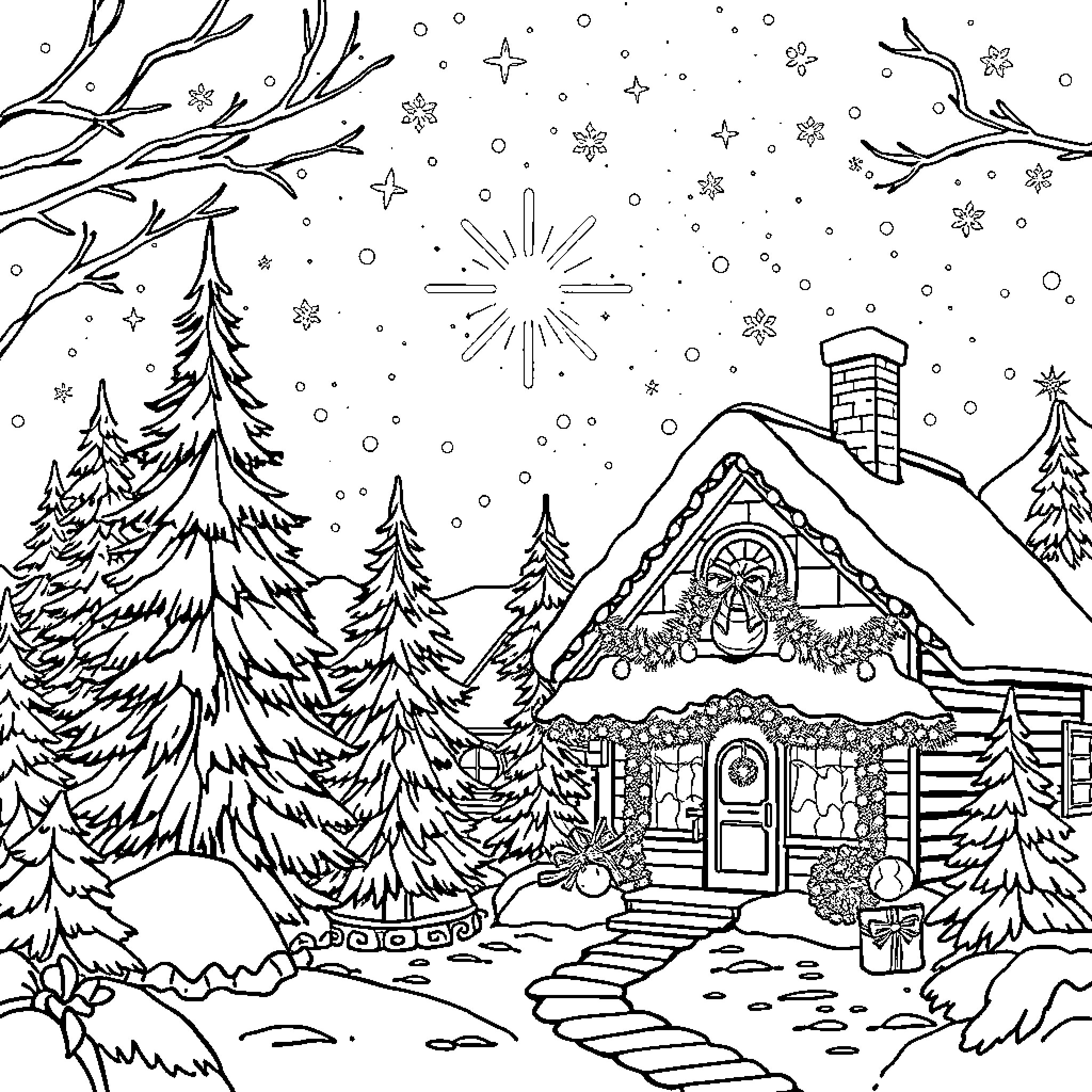 Christmas Cabin in the Snowy Forest Coloring Page (free black-and-white line drawing printable PDF for all, from beginners to advanced learners, including children, teens, adults, and seniors)