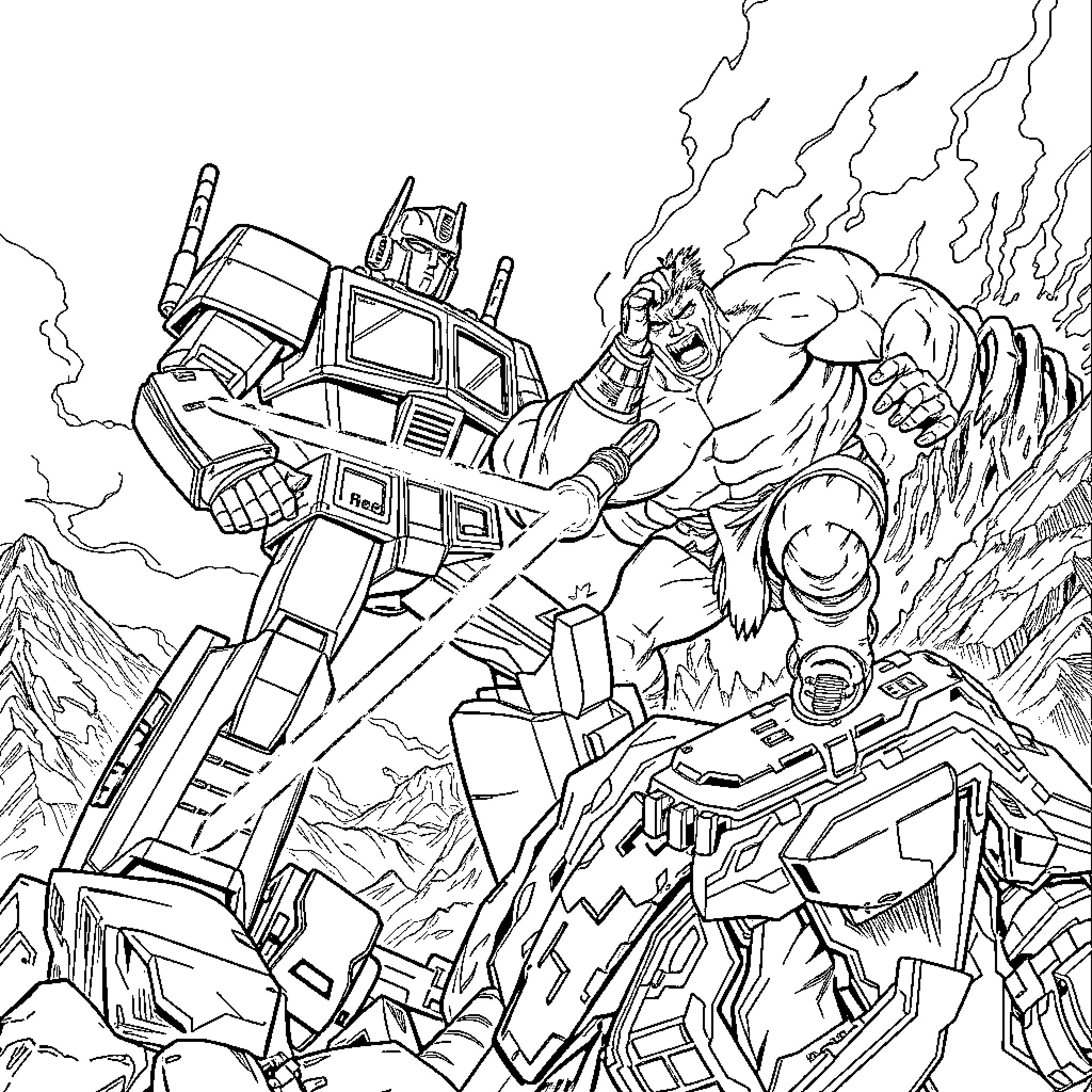 Optimus Prime facing off against a powerful foe in an intense battle Coloring Page (free black-and-white line drawing printable PDF for all, from beginners to advanced learners, including children, teens, adults, and seniors)