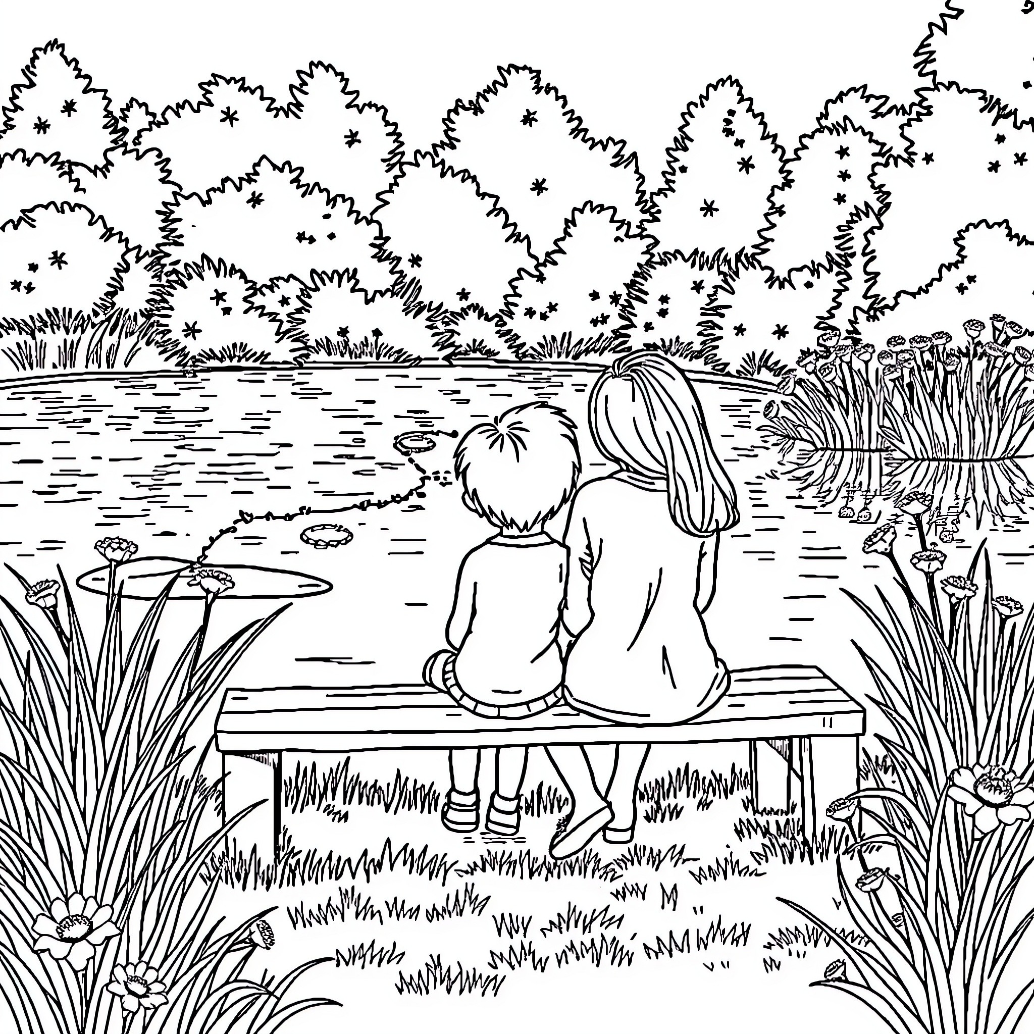 Boy and girl sharing a peaceful moment by the lake Coloring Page (free black-and-white line drawing printable PDF for all, from beginners to advanced learners, including children, teens, adults, and seniors)