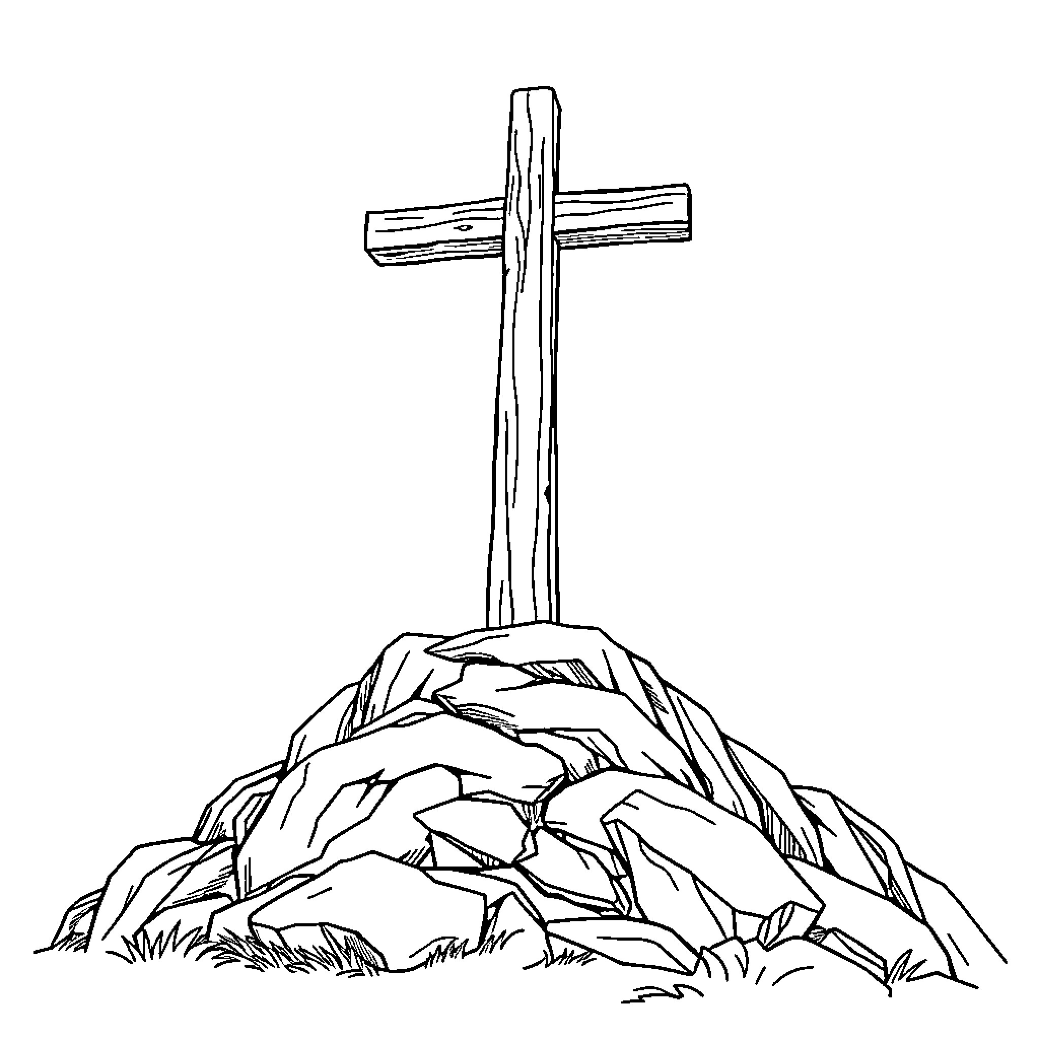 Cross standing on rocky terrain Coloring Page (free black-and-white line drawing printable PDF for all, from beginners to advanced learners, including children, teens, adults, and seniors)