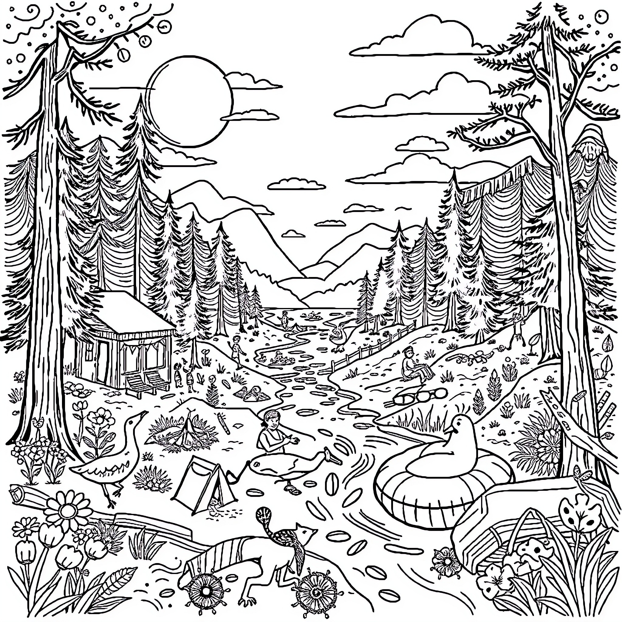 Camp in the Enchanted Forest Coloring Page (free black-and-white line drawing printable PDF for all, from beginners to advanced learners, including children, teens, adults, and seniors)