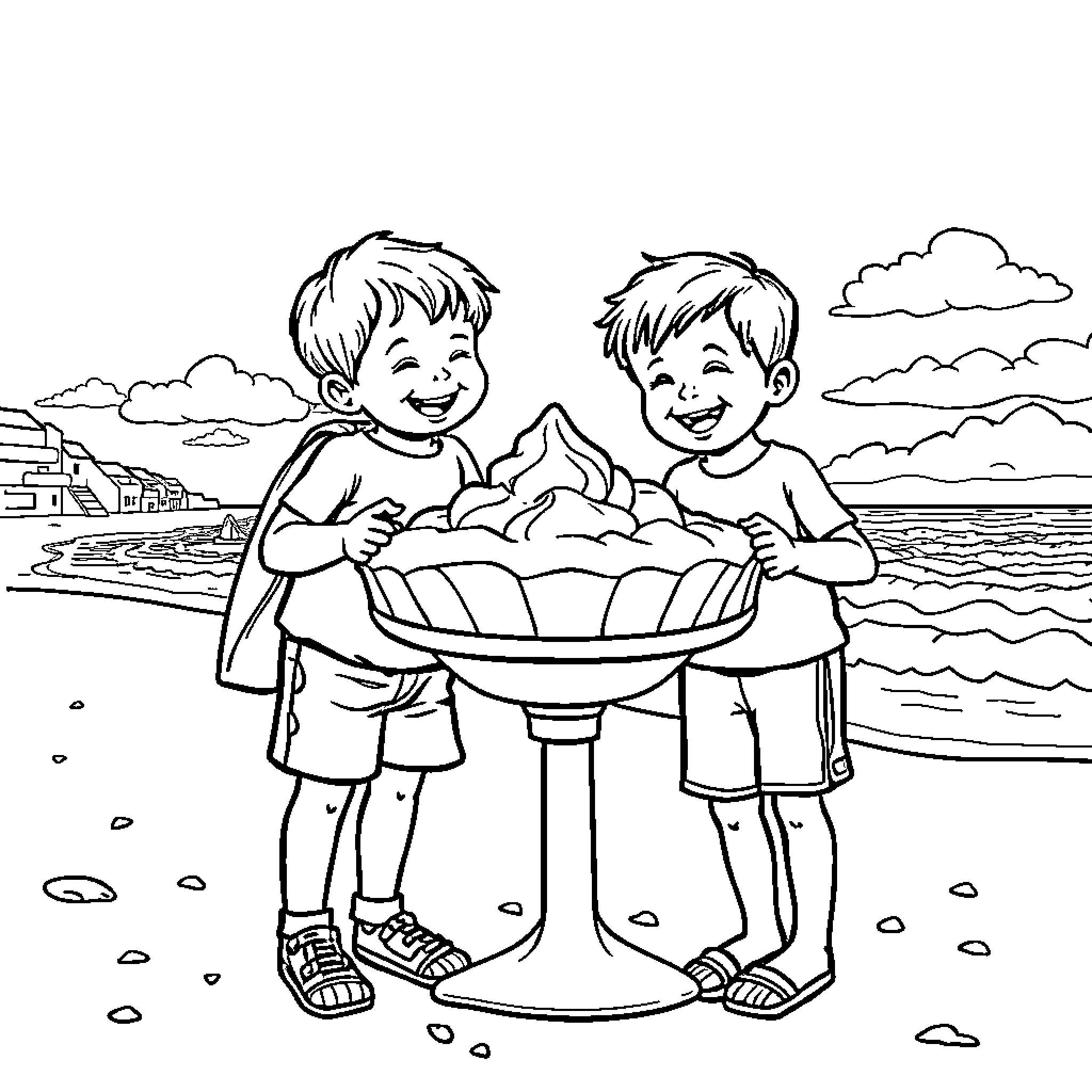 Child playing joyfully with friend at the beach Coloring Page (free black-and-white line drawing printable PDF for all, from beginners to advanced learners, including children, teens, adults, and seniors)