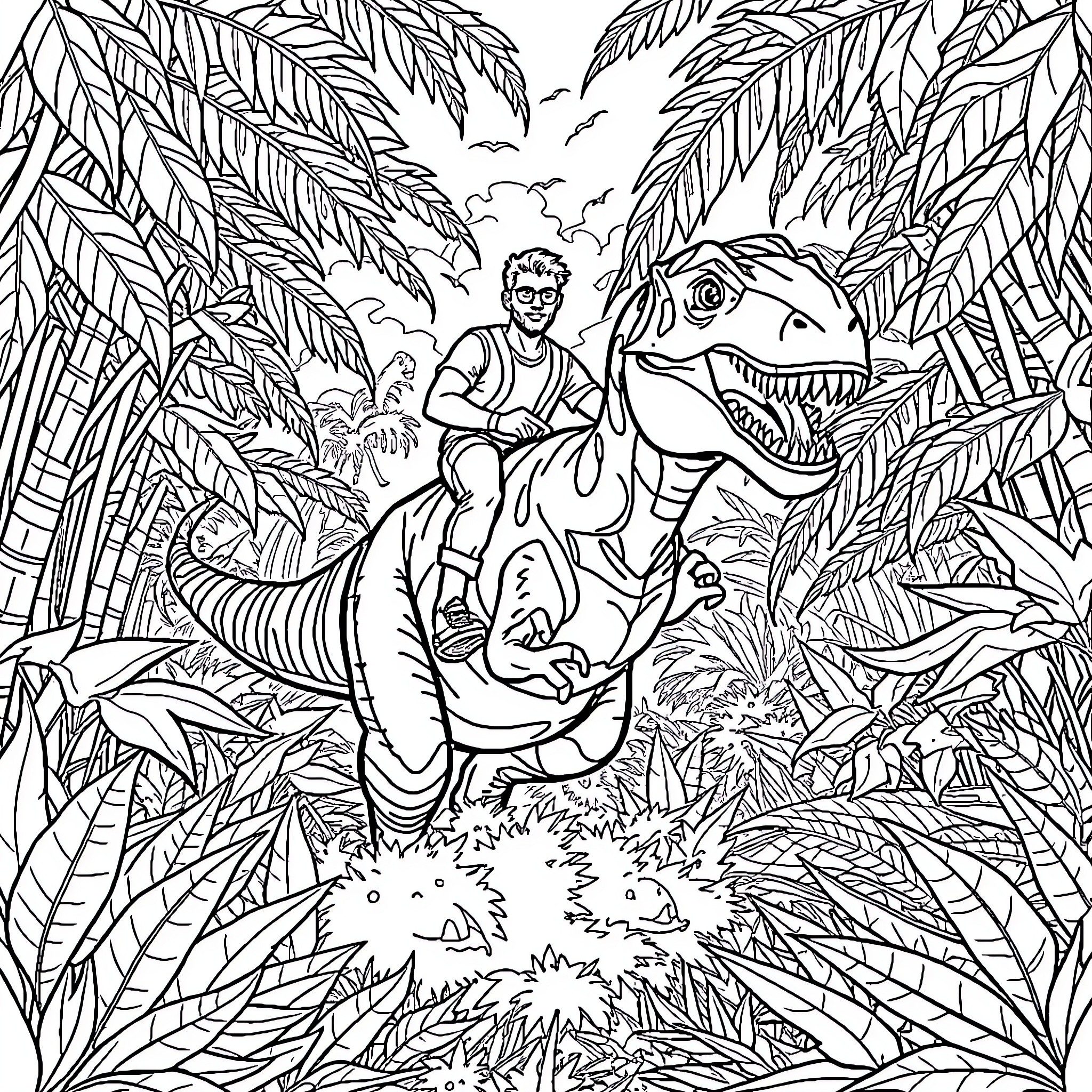 Jason Tatum rides a dinosaur through the jungle Coloring Page (free black-and-white line drawing printable PDF for all, from beginners to advanced learners, including children, teens, adults, and seniors)