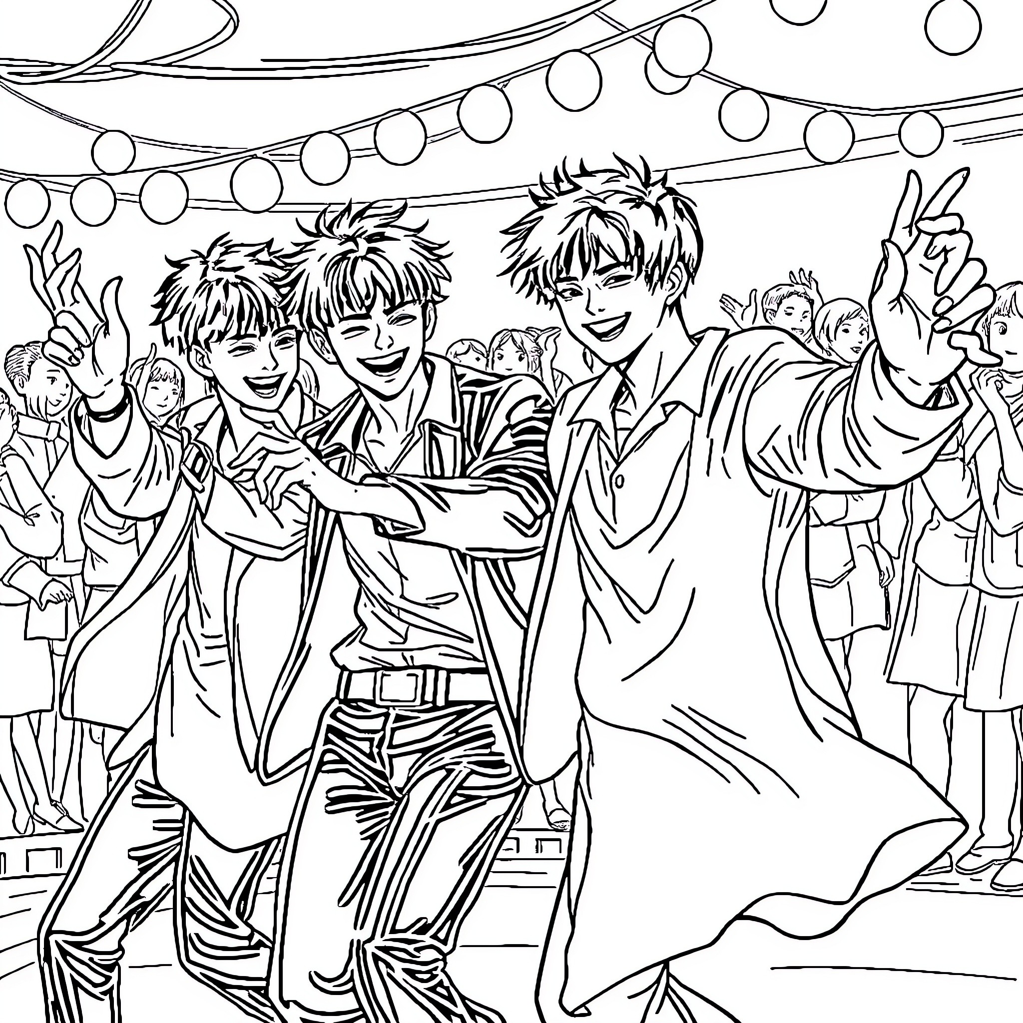 Saja Boys Celebrating Together in a Lively Festival Coloring Page (free black-and-white line drawing printable PDF for all, from beginners to advanced learners, including children, teens, adults, and seniors)
