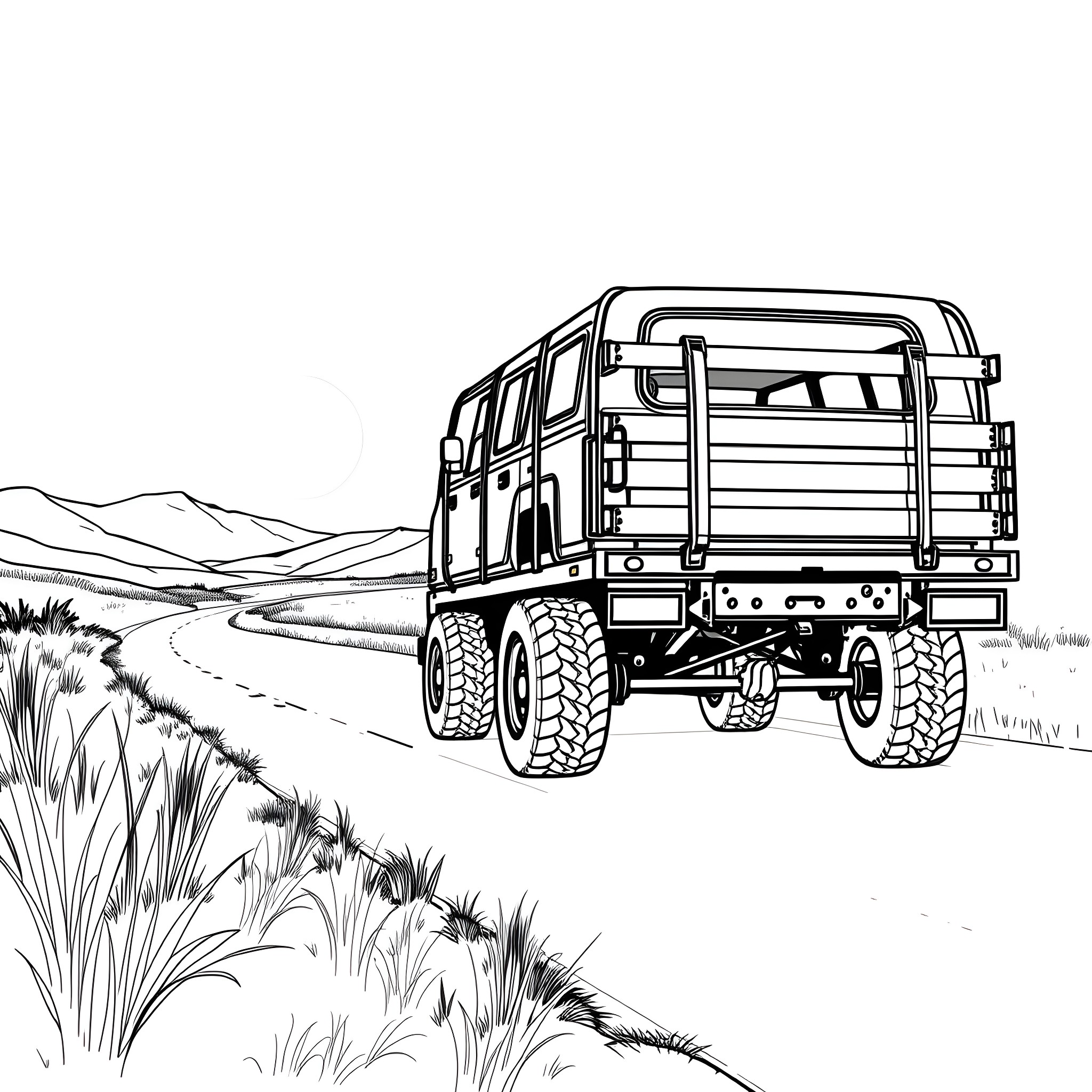 Car Trailer Traversing Rugged Terrain Coloring Page (free black-and-white line drawing printable PDF for all, from beginners to advanced learners, including children, teens, adults, and seniors)
