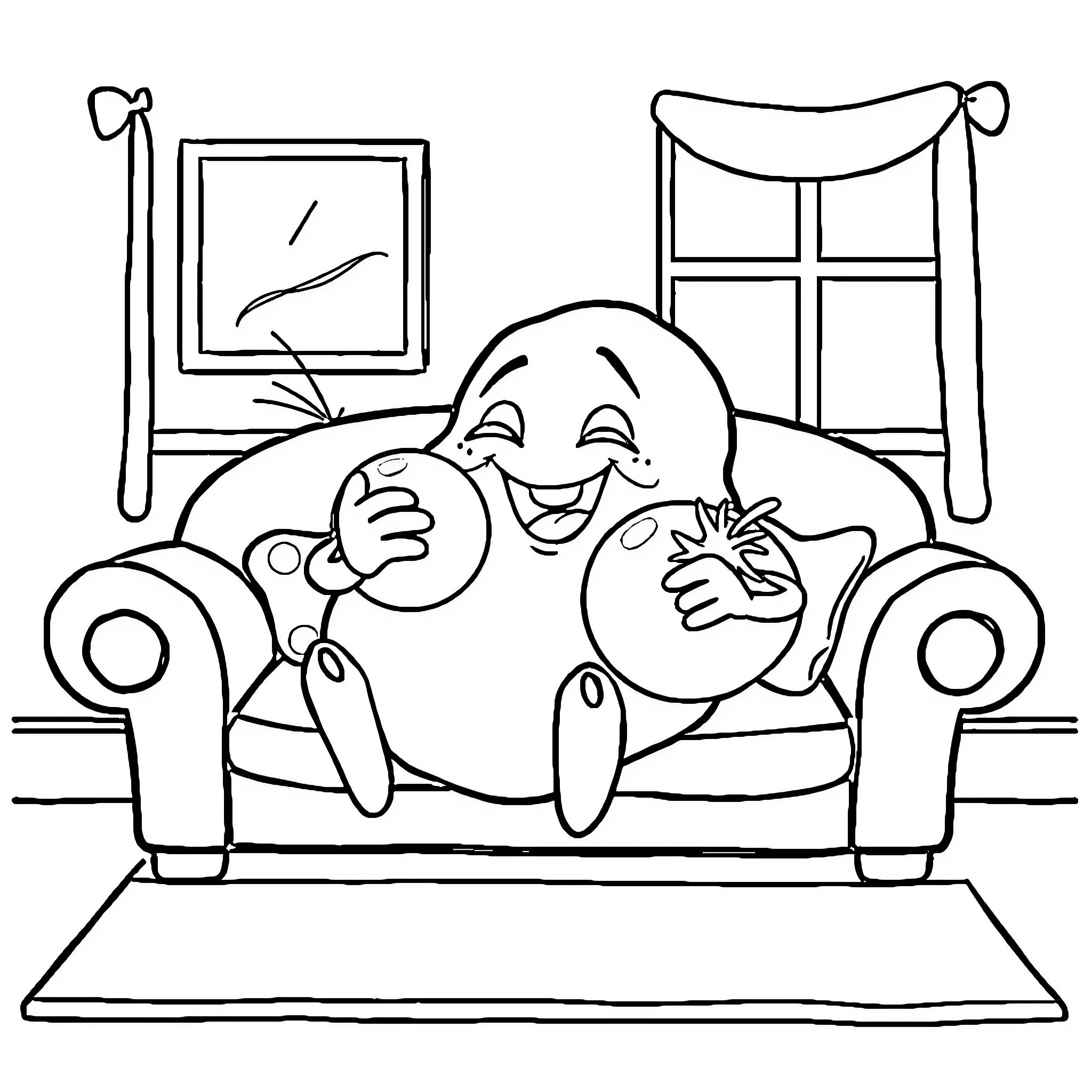 Potato enjoying a cozy day at home Coloring Page (free black-and-white line drawing printable PDF for all, from beginners to advanced learners, including children, teens, adults, and seniors)