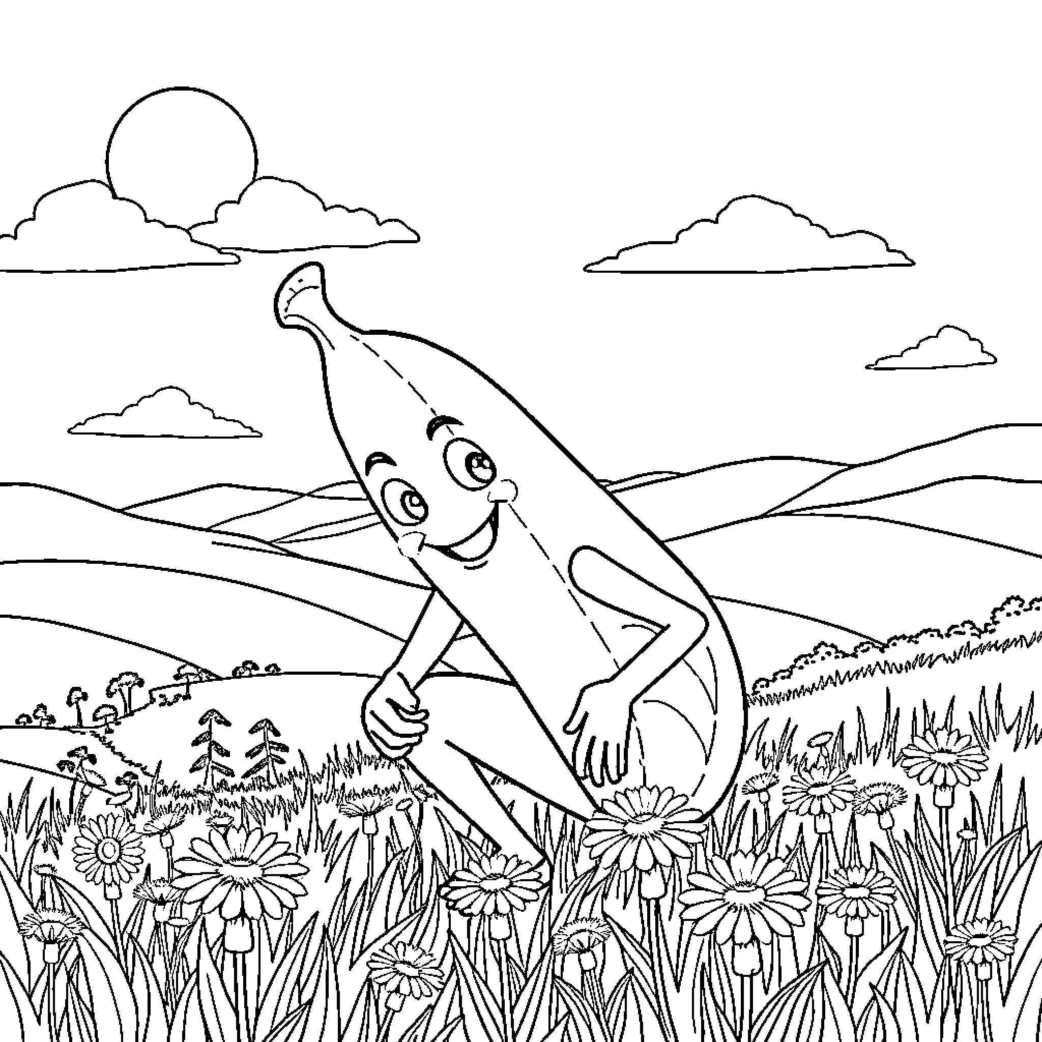 Agent Peely explores the vibrant meadow Coloring Page (free black-and-white line drawing printable PDF for all, from beginners to advanced learners, including children, teens, adults, and seniors)