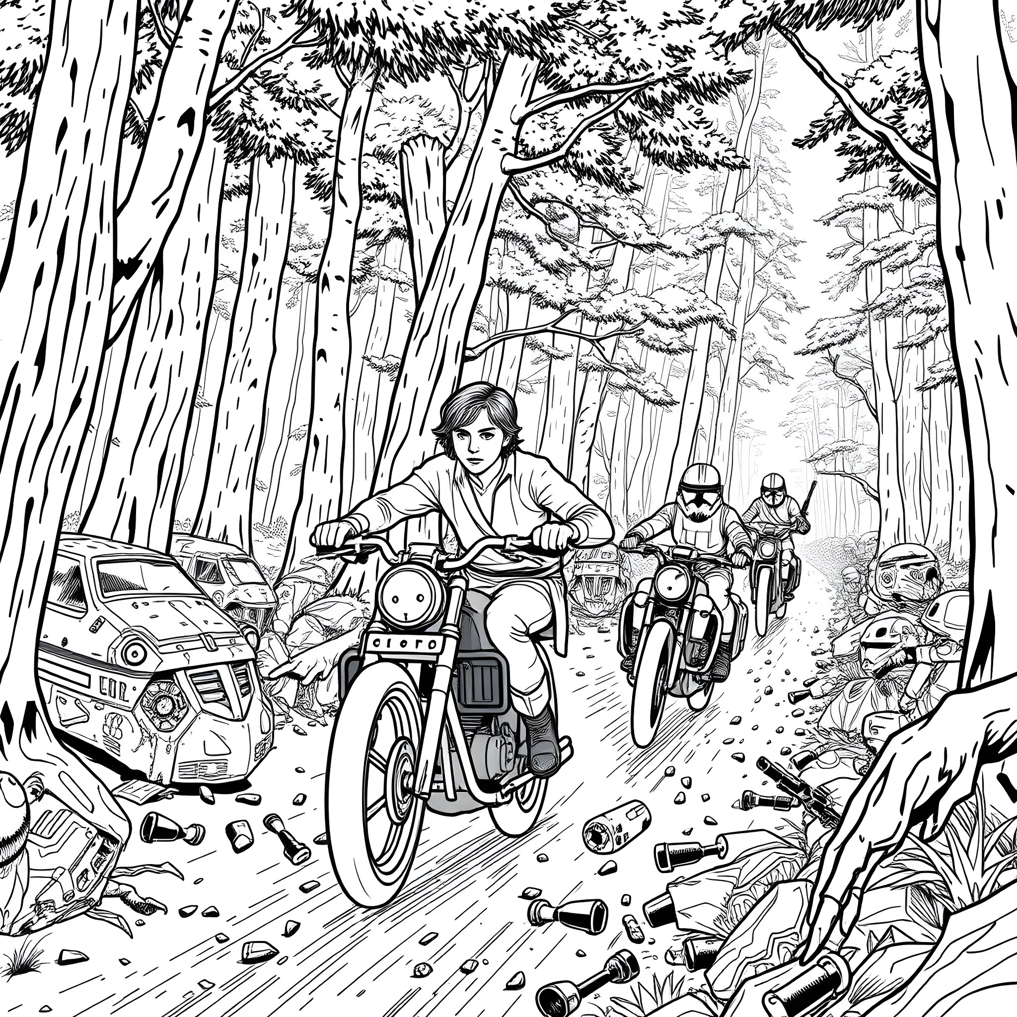 Luke Skywalker's Motorcycle Adventure in the Forest Coloring Page (free black-and-white line drawing printable PDF for all, from beginners to advanced learners, including children, teens, adults, and seniors)