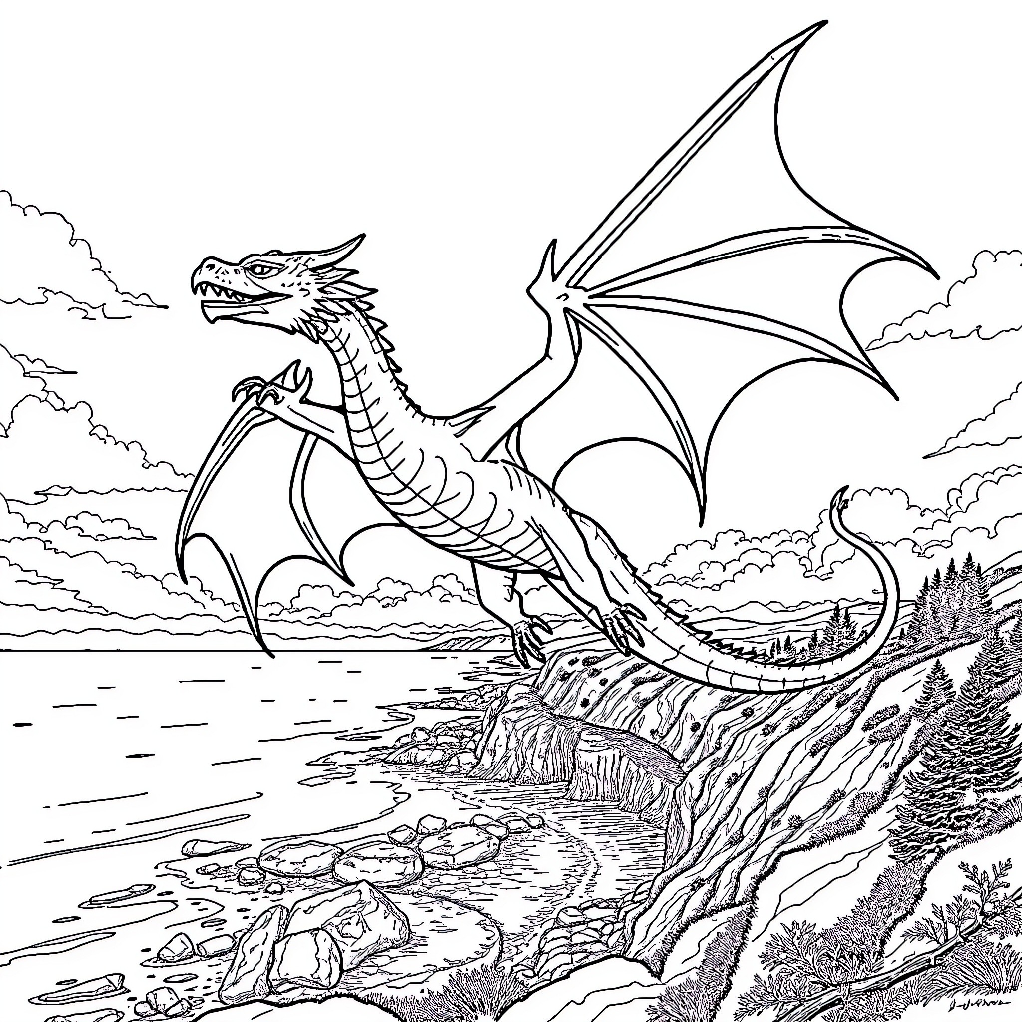 Dragon Soaring Majestically Over Mountainous Landscape Coloring Page (free black-and-white line drawing printable PDF for all, from beginners to advanced learners, including children, teens, adults, and seniors)