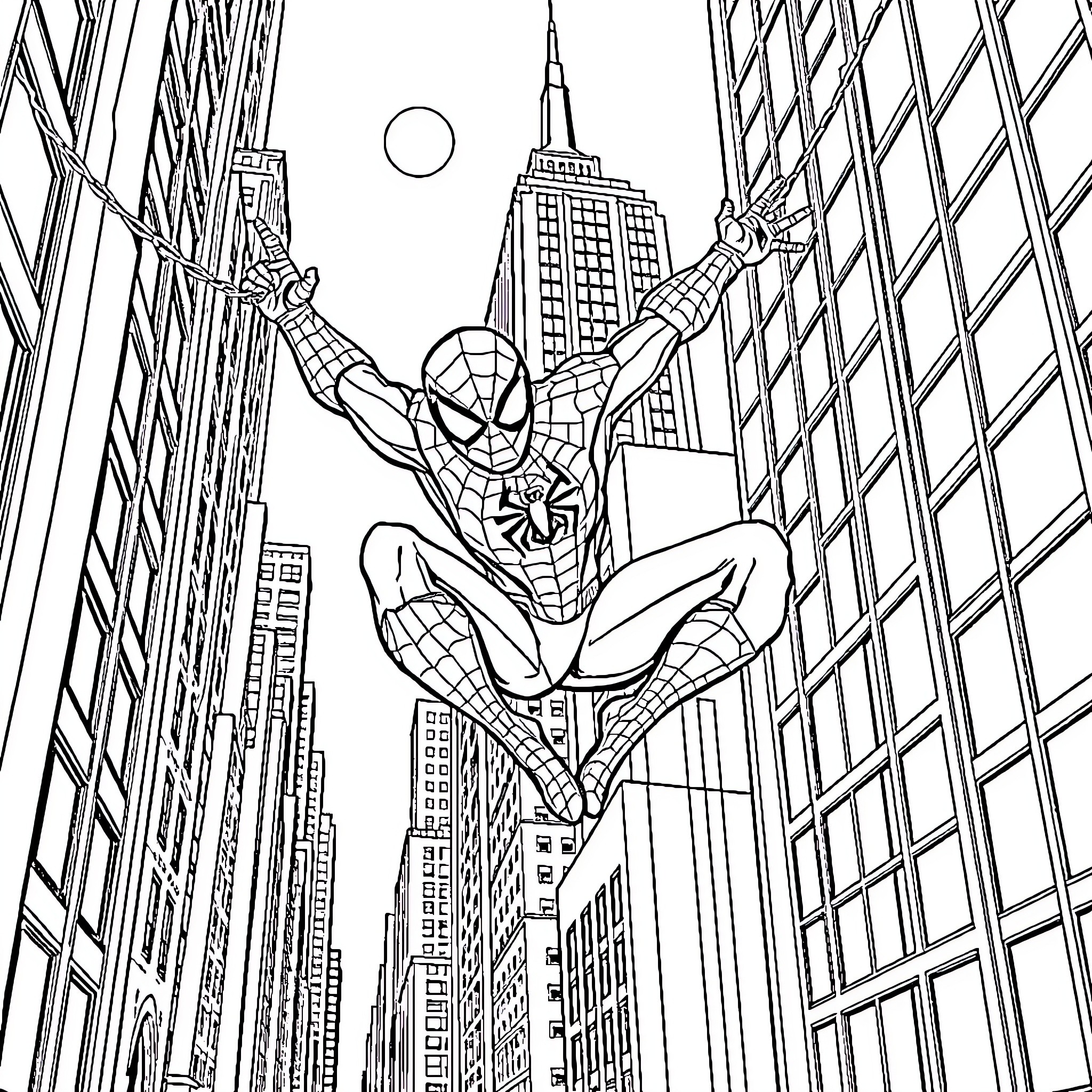 Spiderman swinging through the cityscape Coloring Page (free black-and-white line drawing printable PDF for all, from beginners to advanced learners, including children, teens, adults, and seniors)