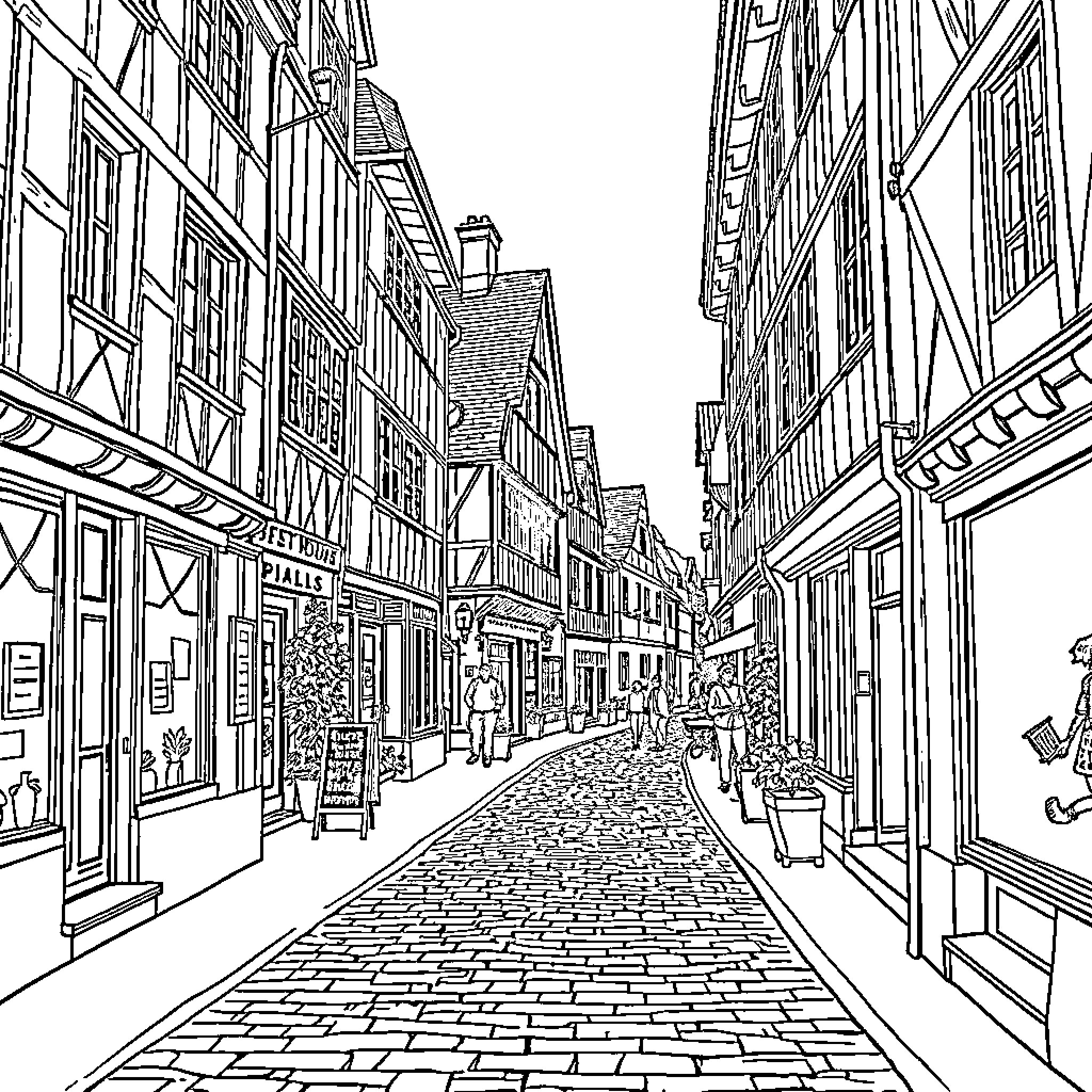 Street scene with traditional buildings and pedestrians Coloring Page (free black-and-white line drawing printable PDF for all, from beginners to advanced learners, including children, teens, adults, and seniors)